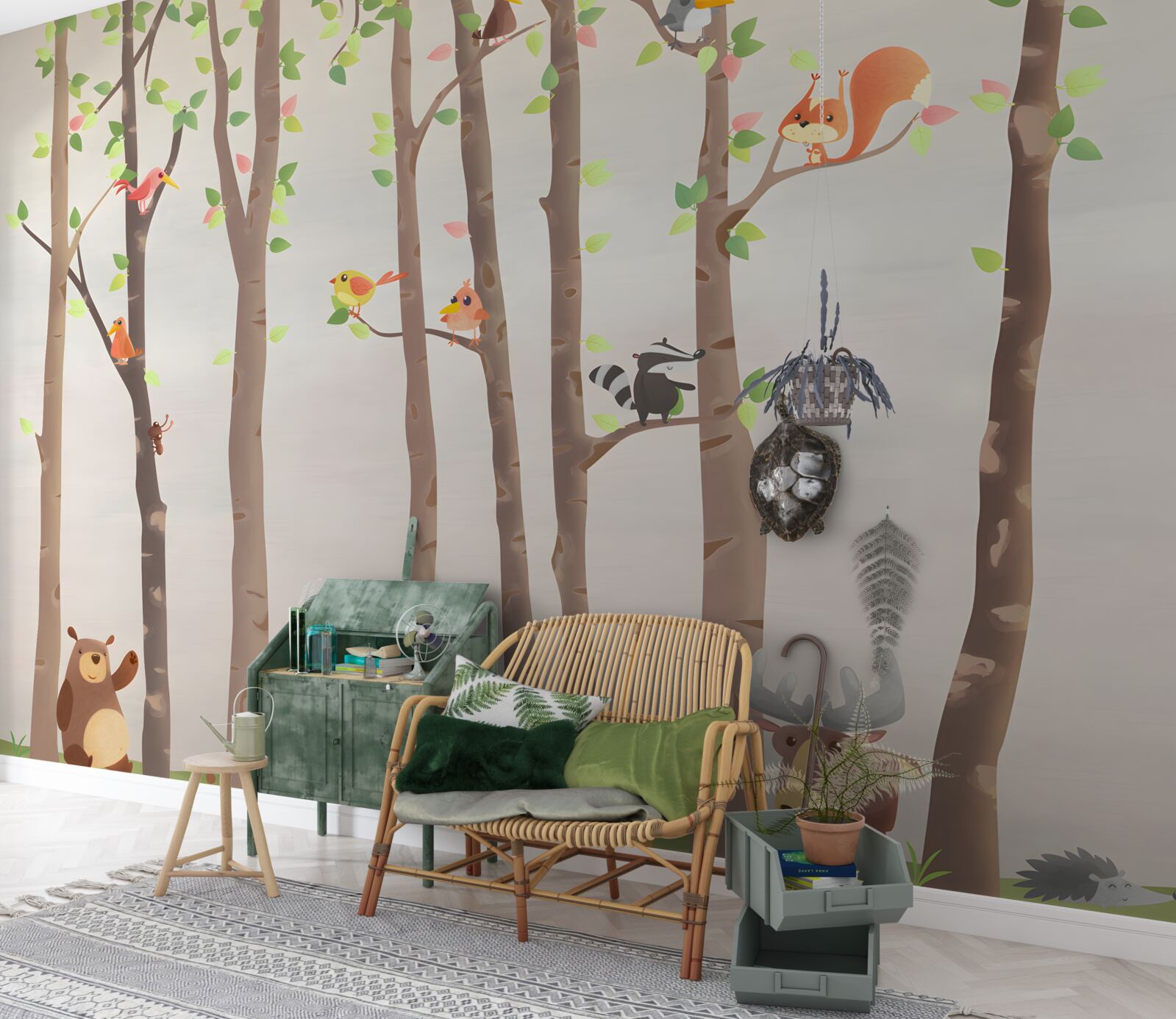 Papier peint de grands arbres avec des habitants de la forêt