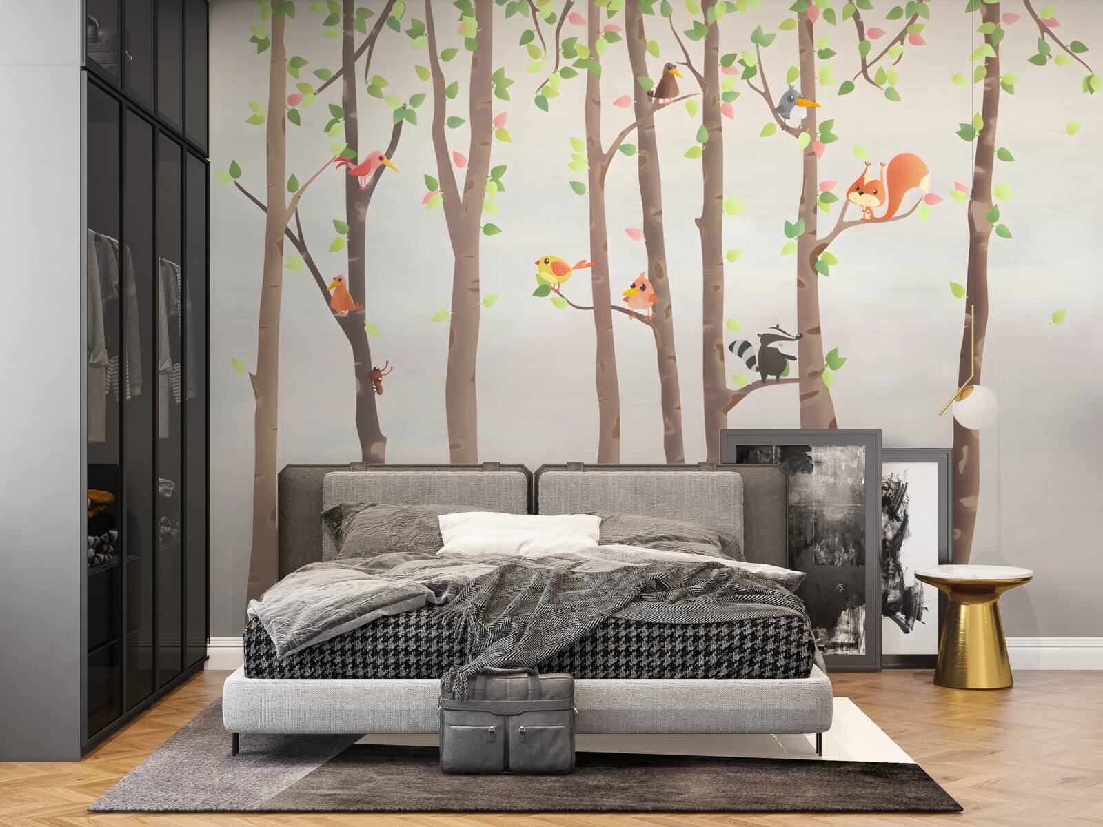 Papier peint de grands arbres avec des habitants de la forêt