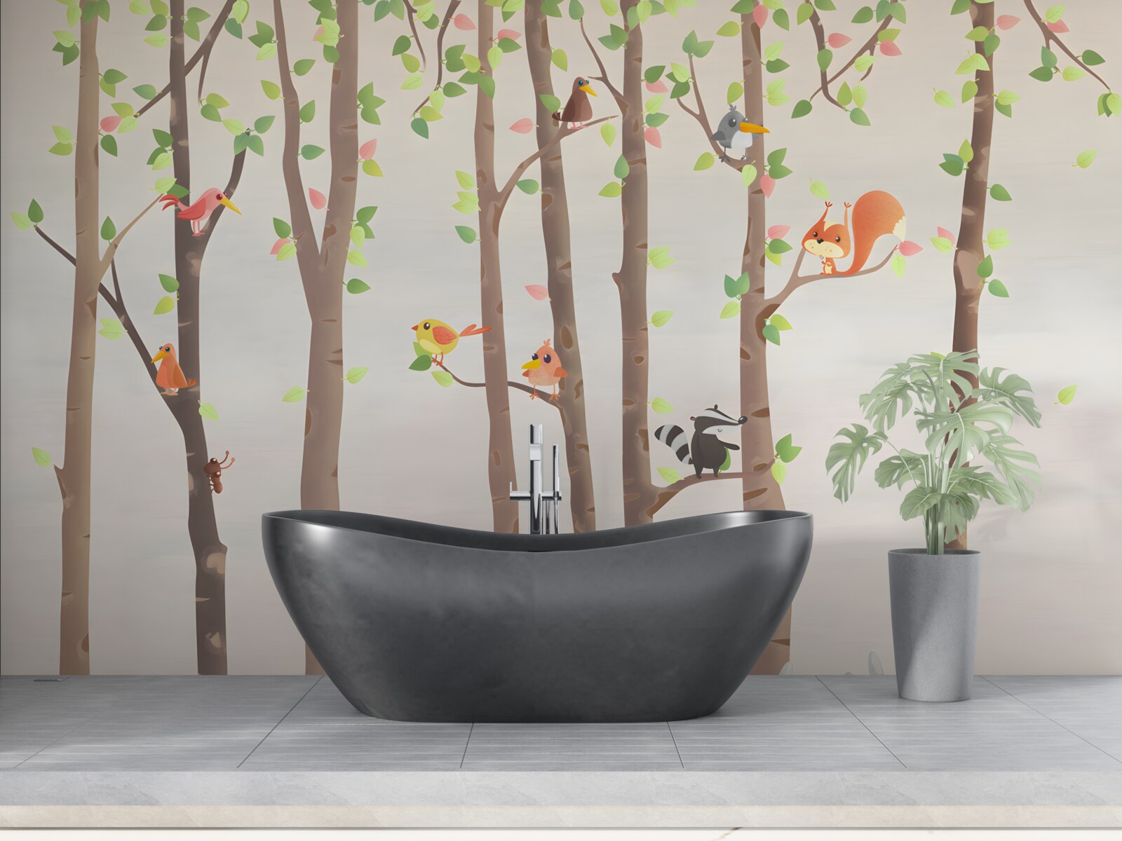 Papier peint de grands arbres avec des habitants de la forêt