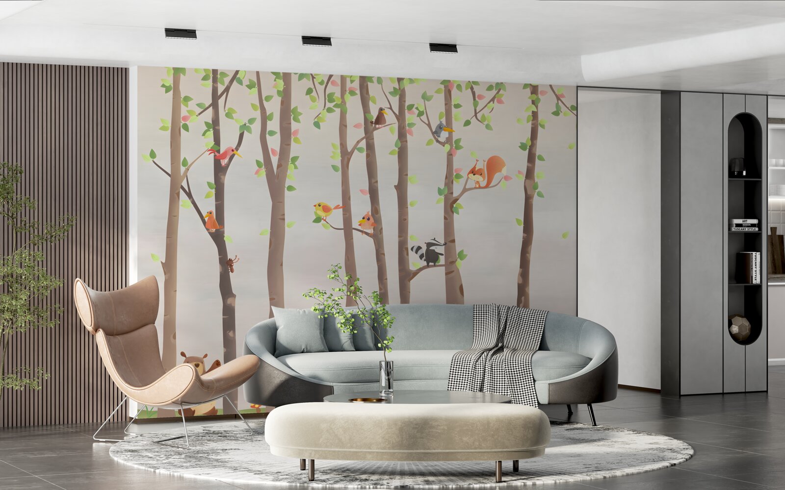 Papier peint de grands arbres avec des habitants de la forêt