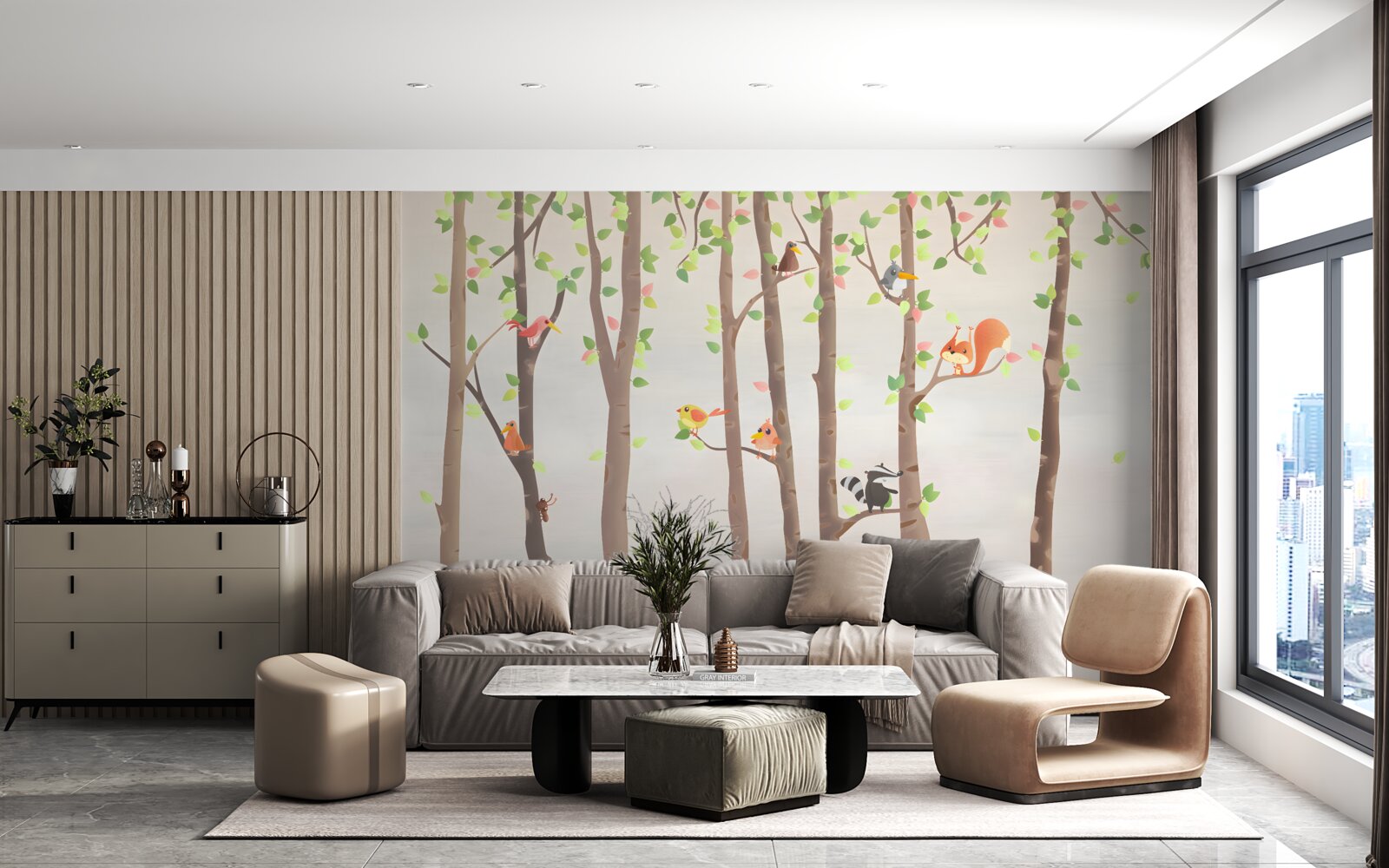 Papier peint de grands arbres avec des habitants de la forêt