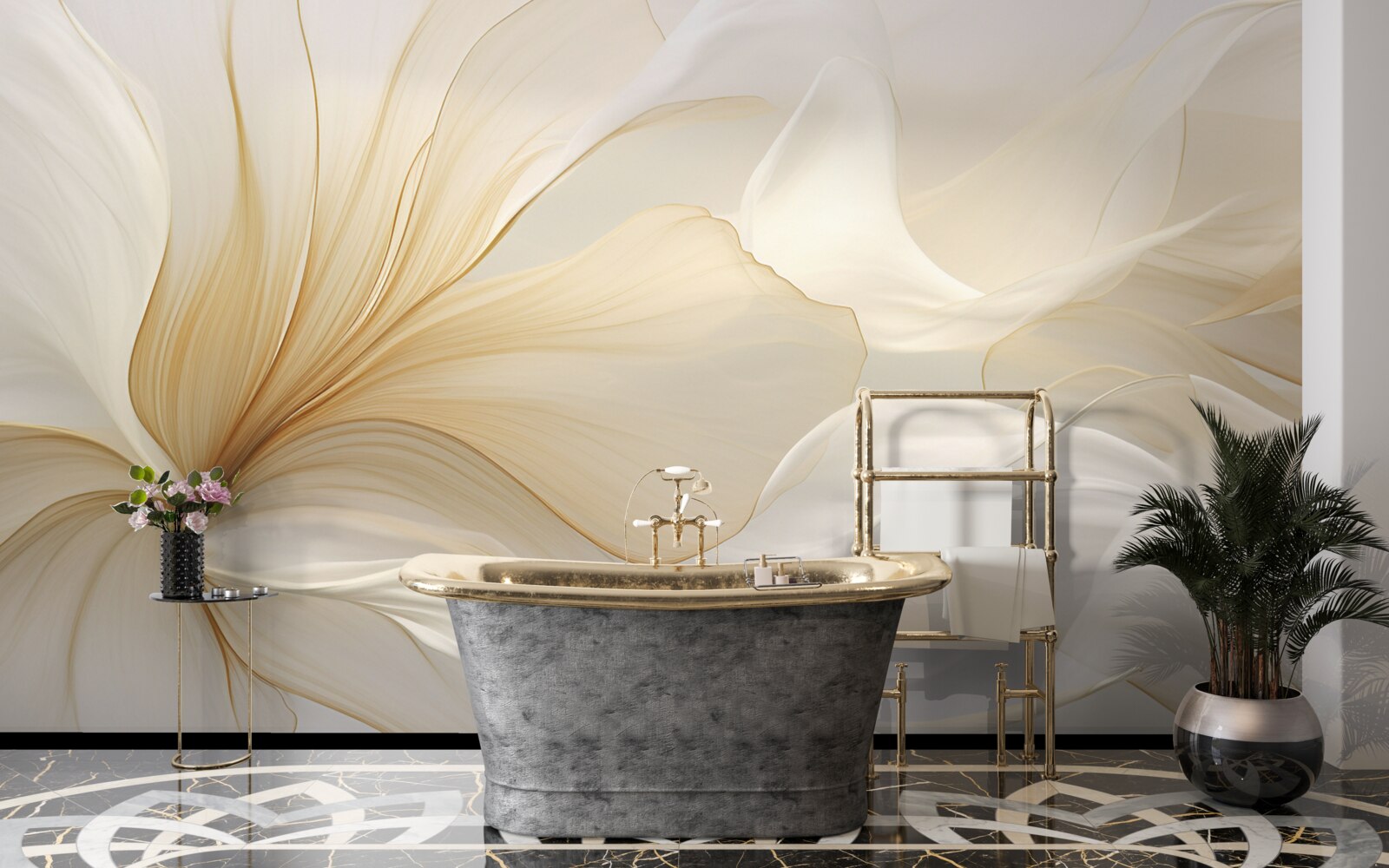 Papier peint marbre clair, décoré de motifs élégants