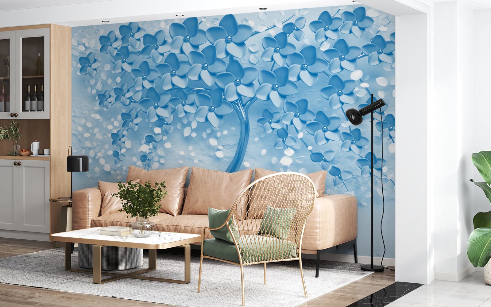 Papier peint un grand arbre bleu avec des fleurs