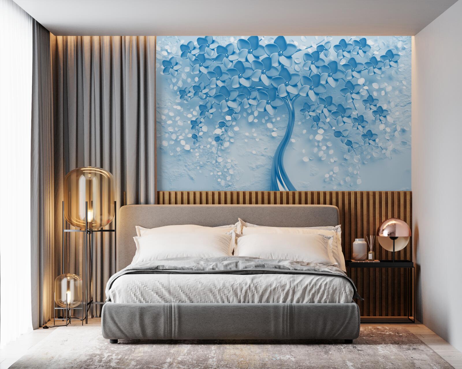 Papier peint un grand arbre bleu avec des fleurs