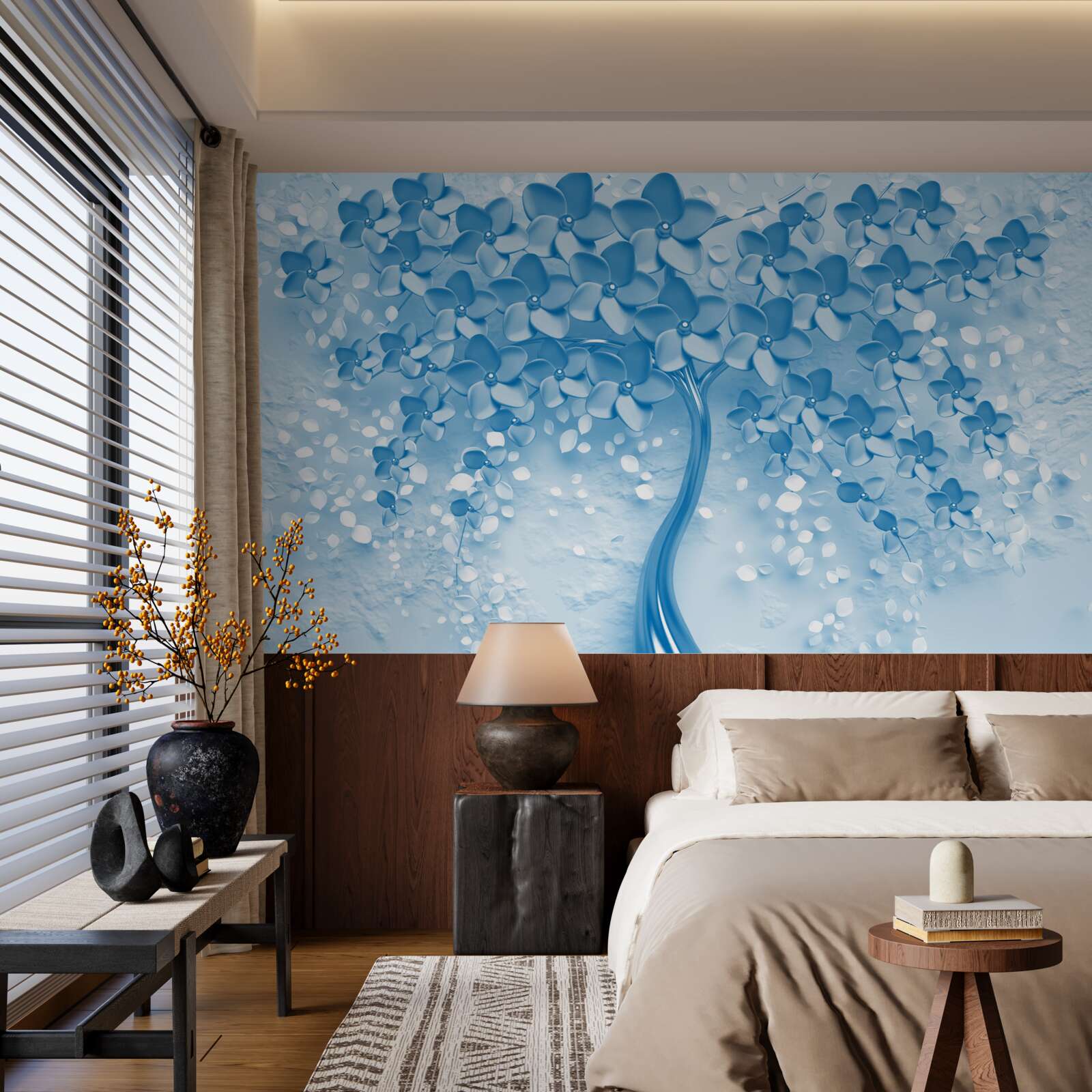 Papier peint un grand arbre bleu avec des fleurs