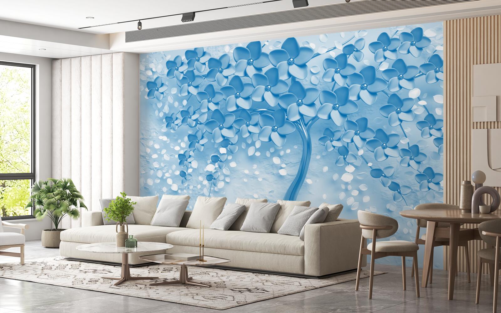 Papier peint un grand arbre bleu avec des fleurs