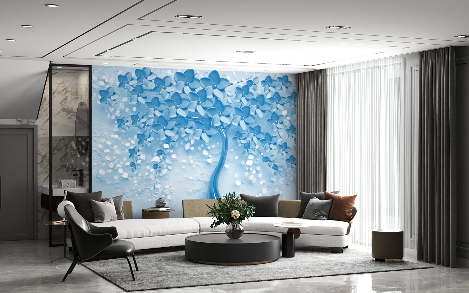 Papier peint un grand arbre bleu avec des fleurs