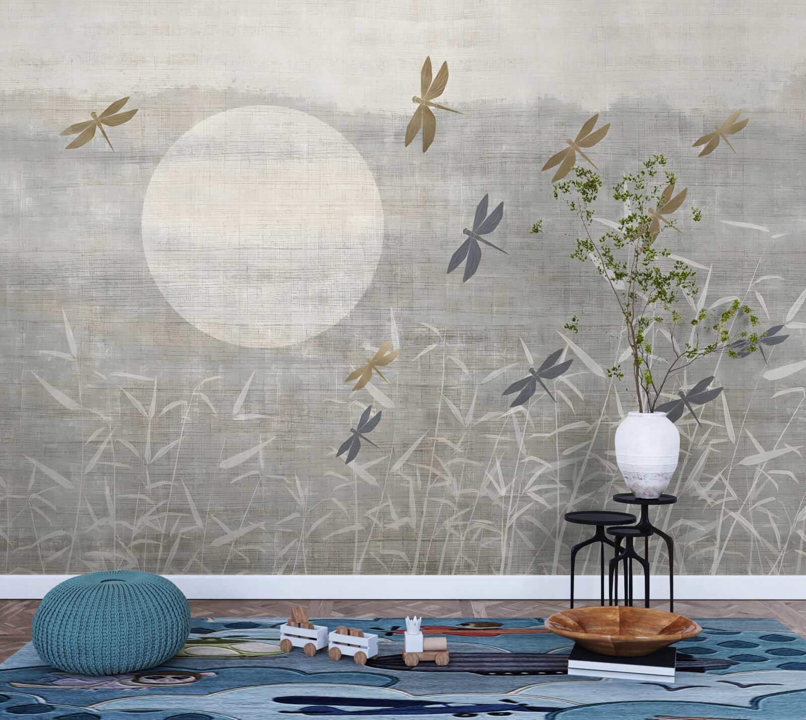 Papier peint les libellules volent au-dessus du champ