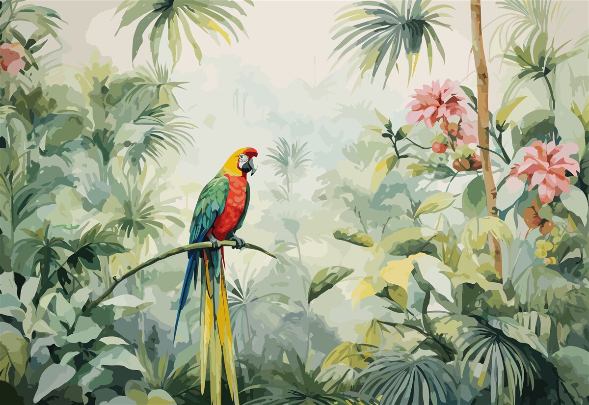 Papier peint des buissons luxuriants de couleur émeraude et un perroquet