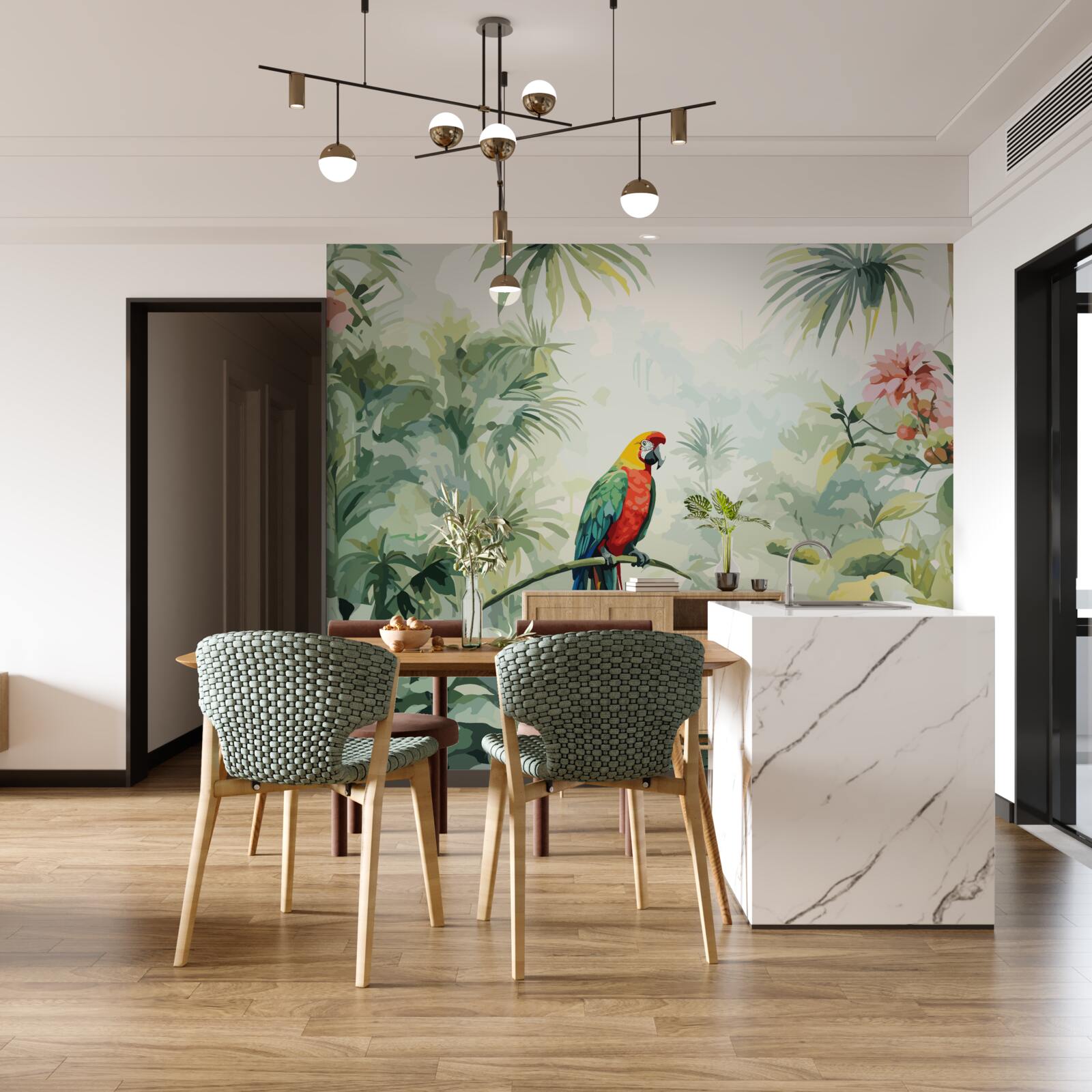 Papier peint des buissons luxuriants de couleur émeraude et un perroquet