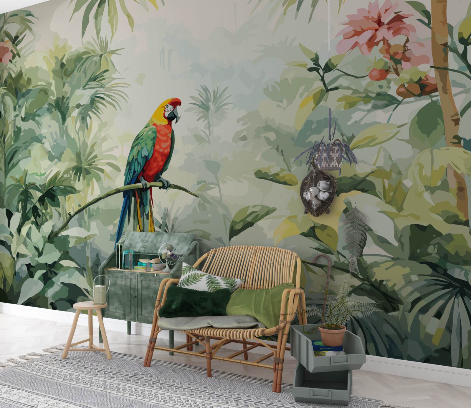 Papier peint des buissons luxuriants de couleur émeraude et un perroquet