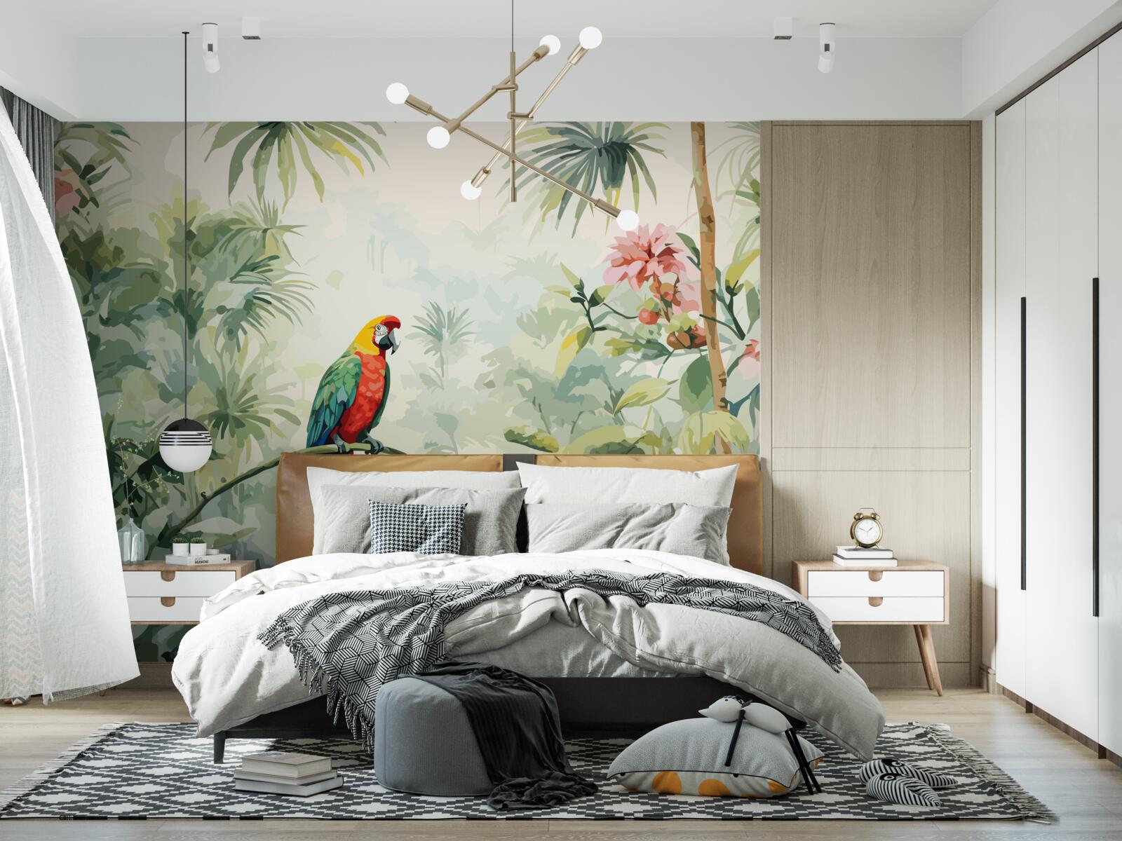 Papier peint des buissons luxuriants de couleur émeraude et un perroquet