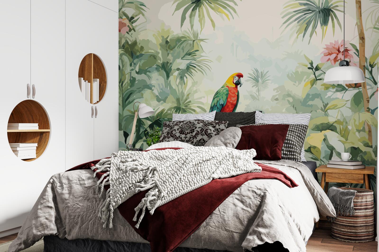 Papier peint des buissons luxuriants de couleur émeraude et un perroquet