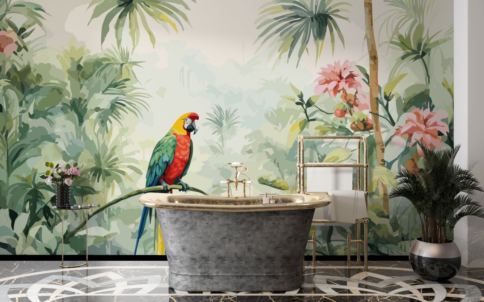 Papier peint des buissons luxuriants de couleur émeraude et un perroquet