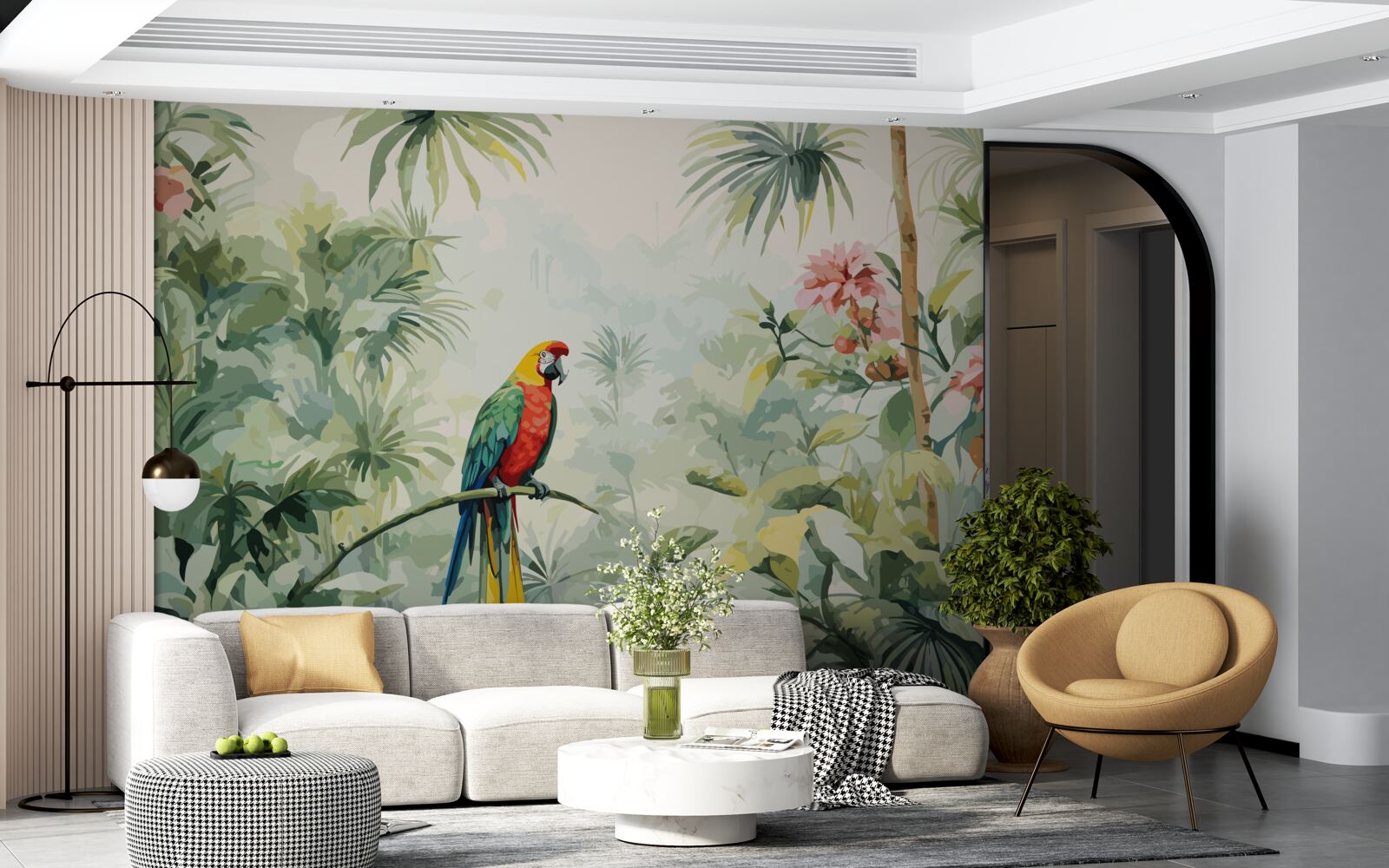 Papier peint des buissons luxuriants de couleur émeraude et un perroquet