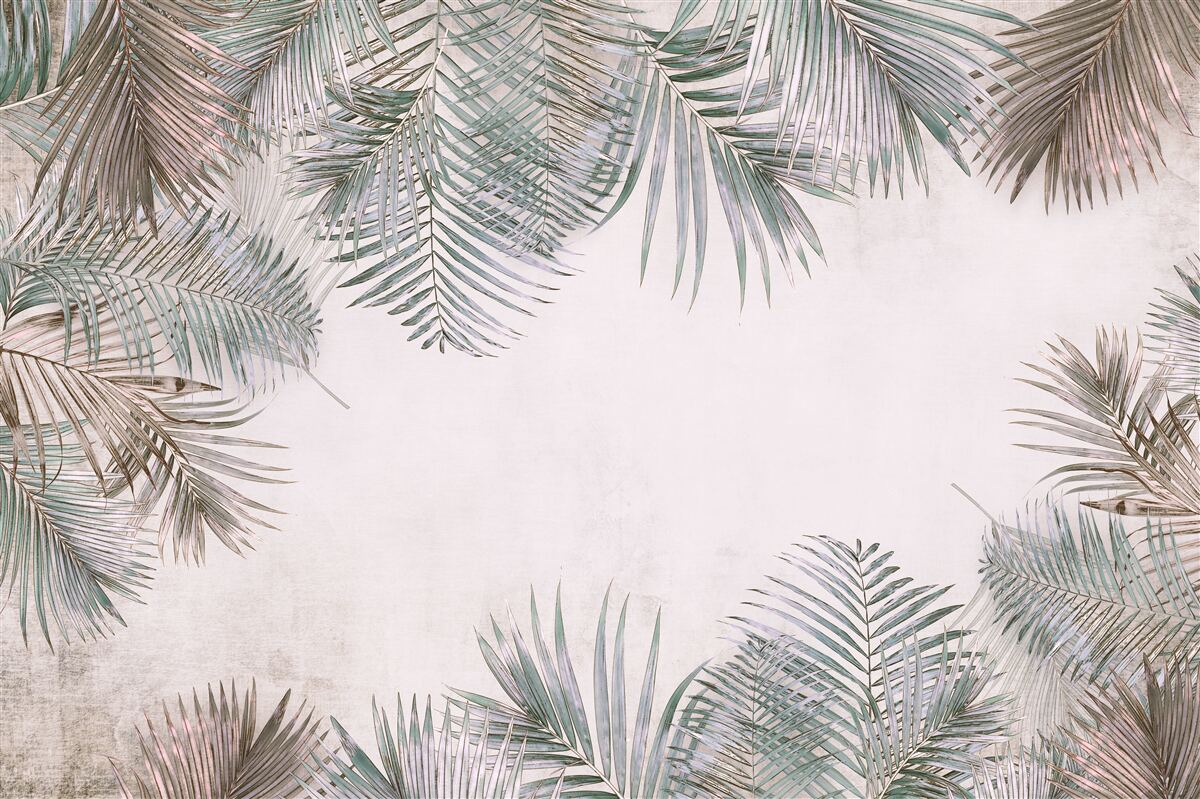 Papier peint Feuilles de fougère luxuriantes sur fond gris