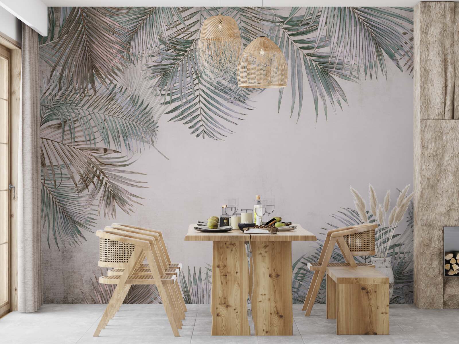 Papier peint Feuilles de fougère luxuriantes sur fond gris