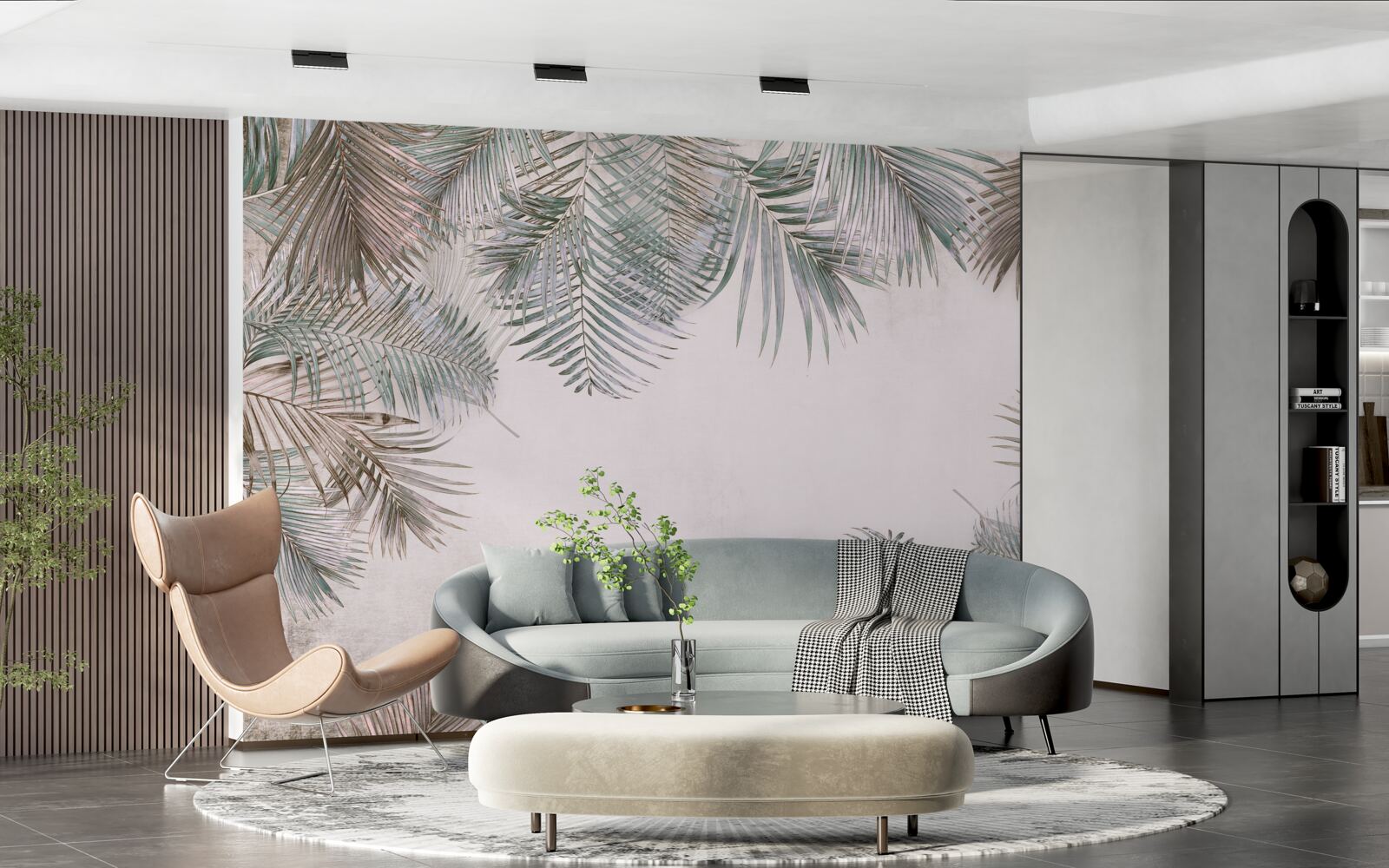 Papier peint Feuilles de fougère luxuriantes sur fond gris