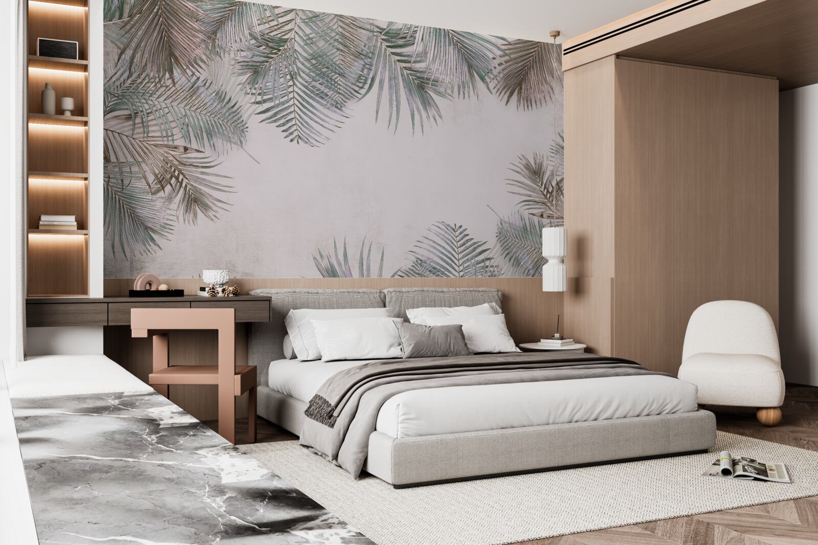 Papier peint Feuilles de fougère luxuriantes sur fond gris