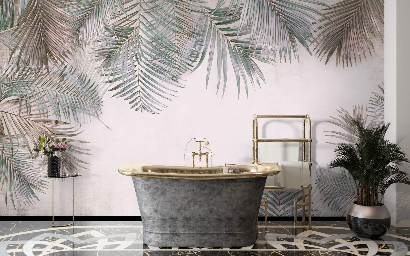 Papier peint Feuilles de fougère luxuriantes sur fond gris