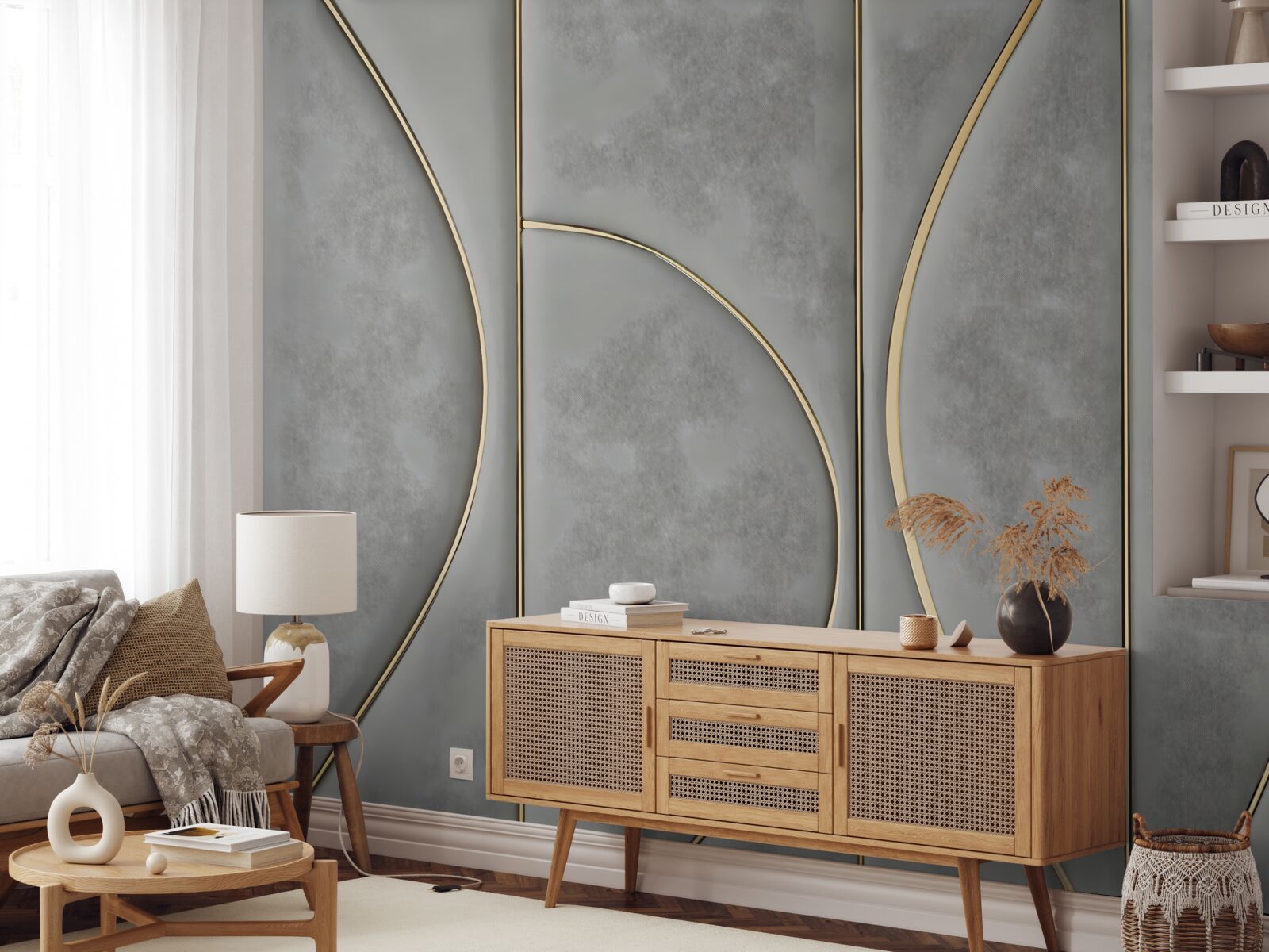 Papier peint texture grise avec lignes dorées