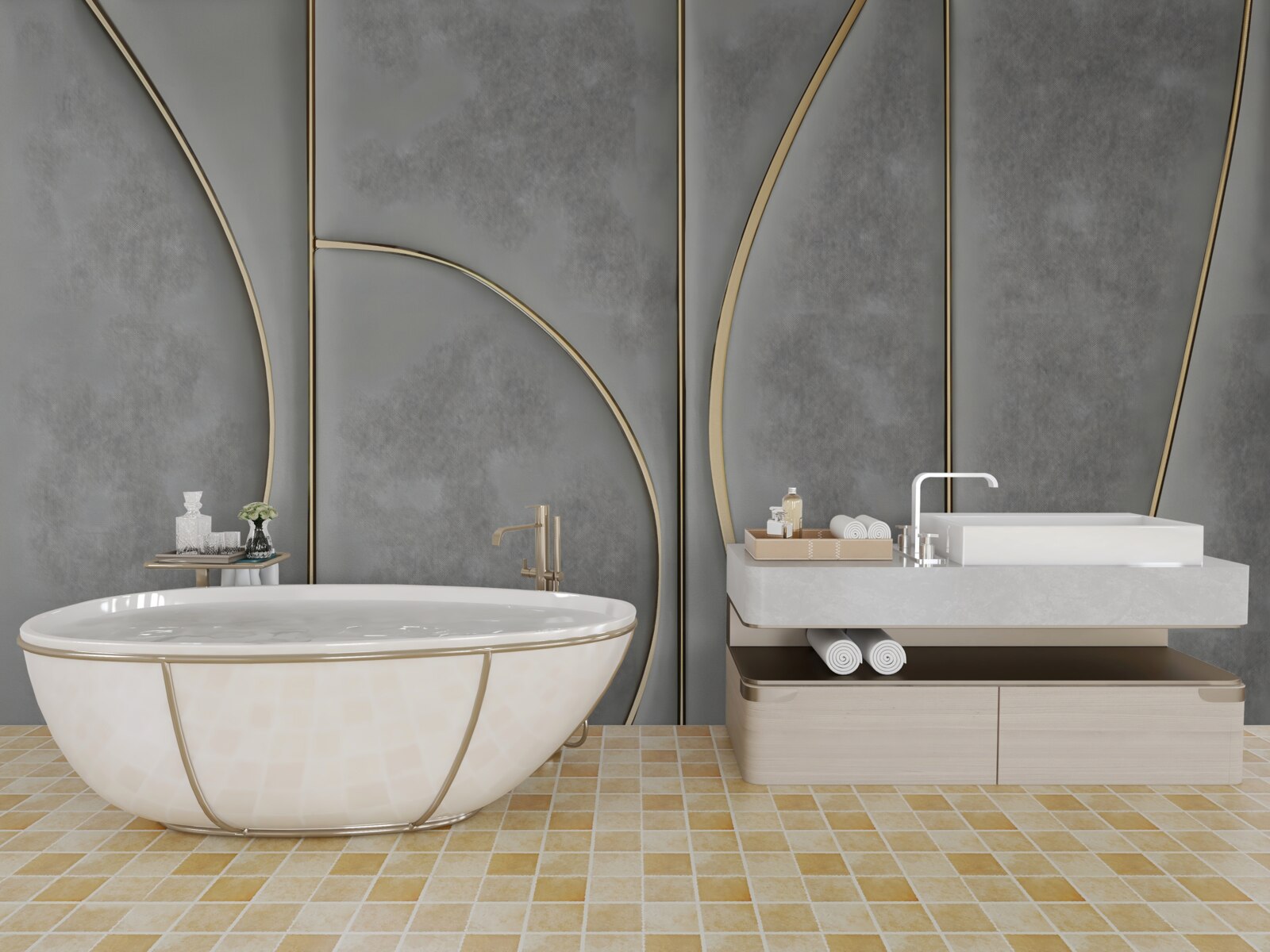 Papier peint texture grise avec lignes dorées