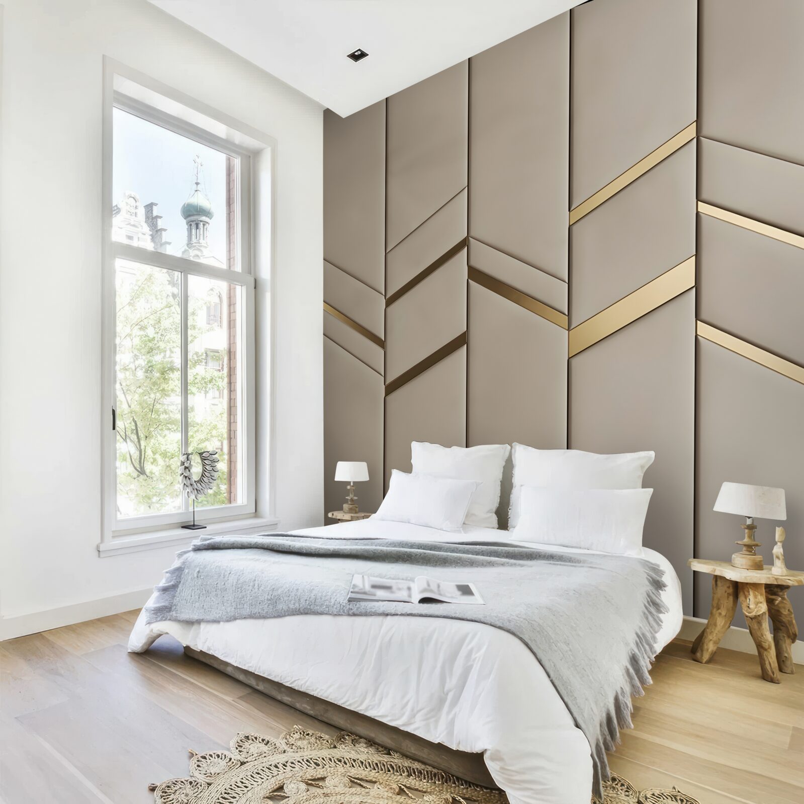 Papier peint division d'or sur bois clair