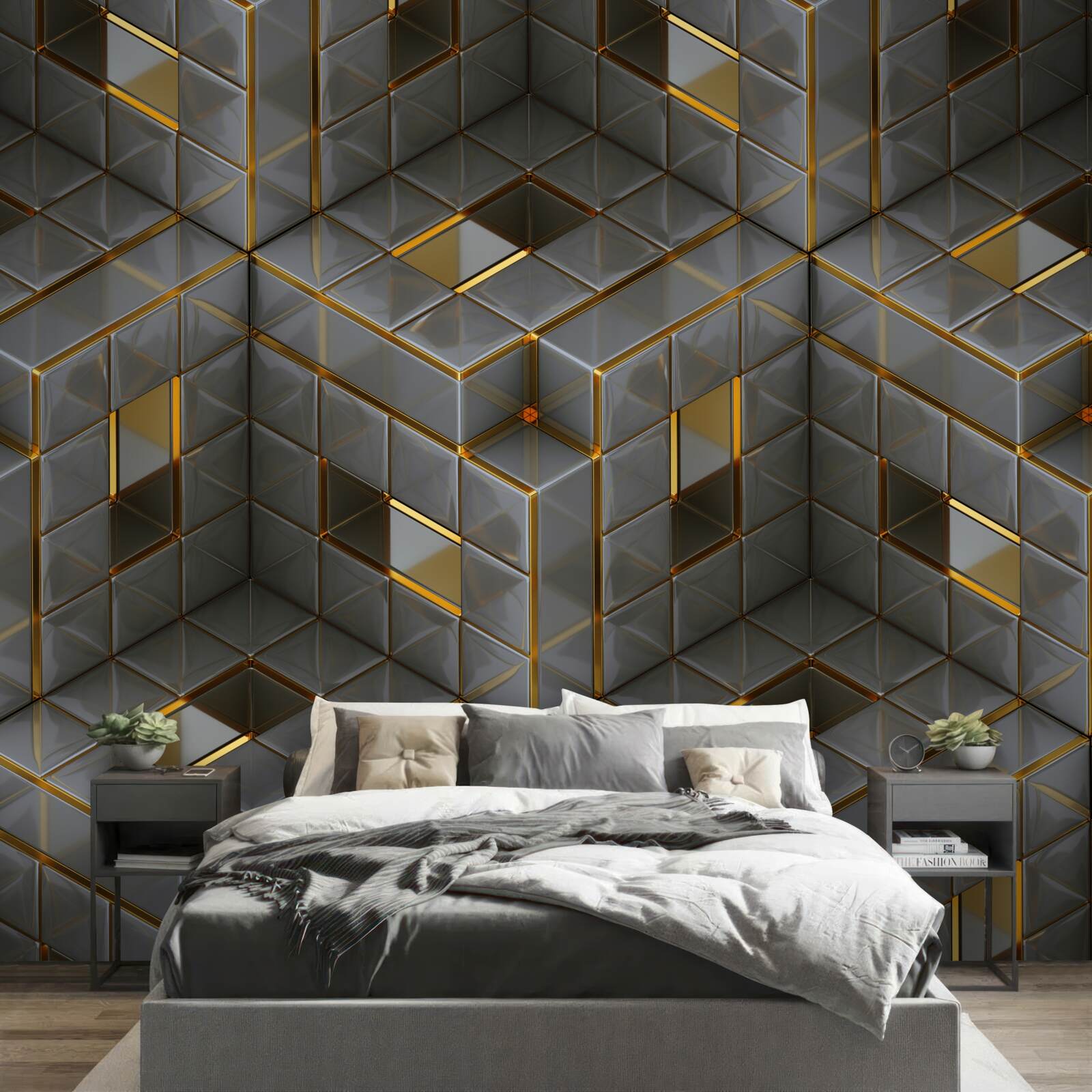 Papier peint Cubes 3d avec éléments en or