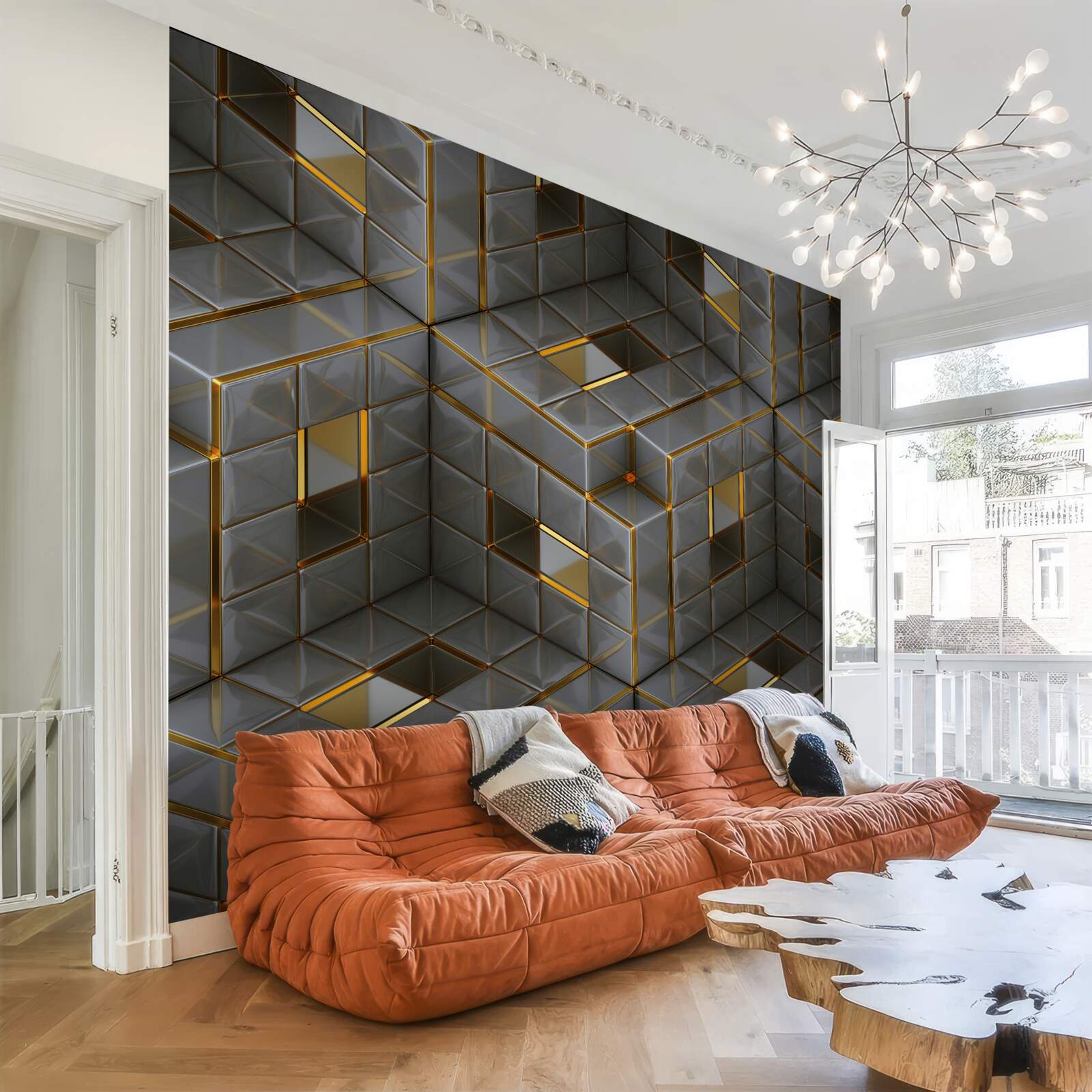 Papier peint Cubes 3d avec éléments en or