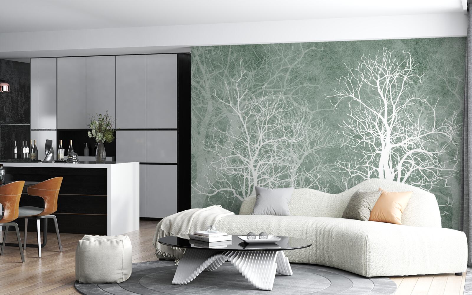 Papier peint arbres dans un décor blanc comme neige sur fond de ciel nocturne