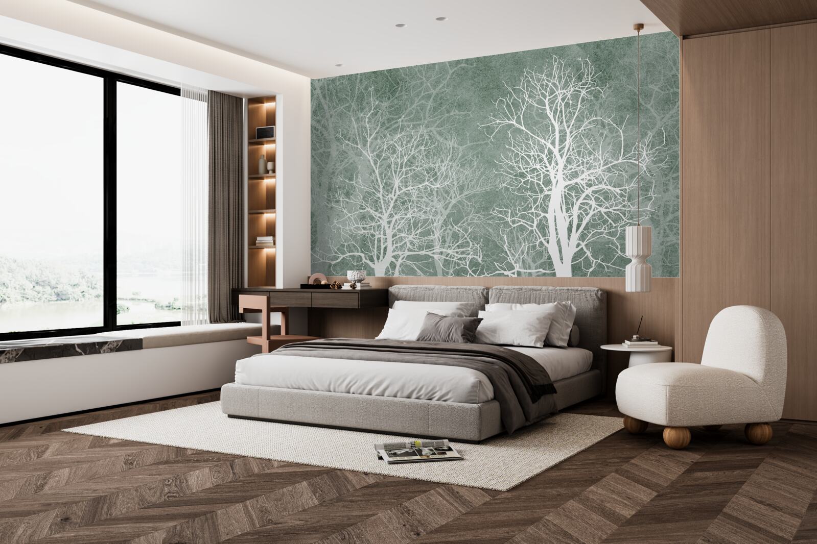 Papier peint arbres dans un décor blanc comme neige sur fond de ciel nocturne