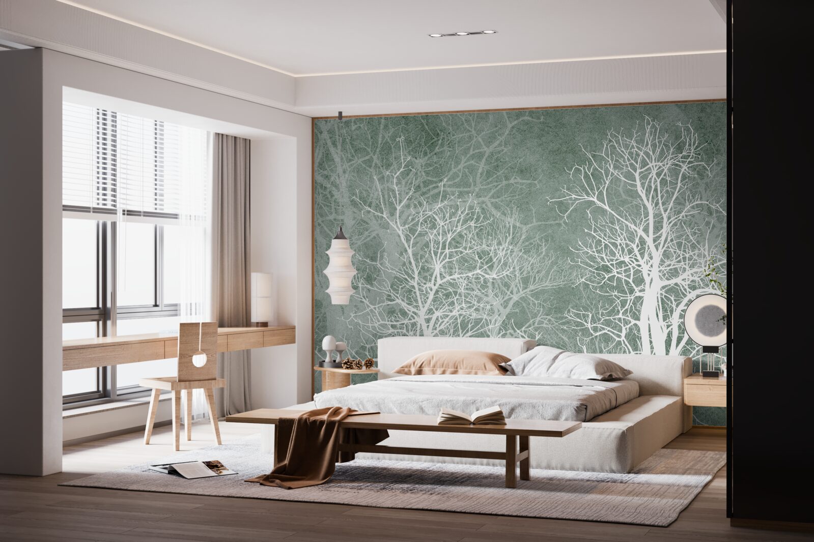 Papier peint arbres dans un décor blanc comme neige sur fond de ciel nocturne