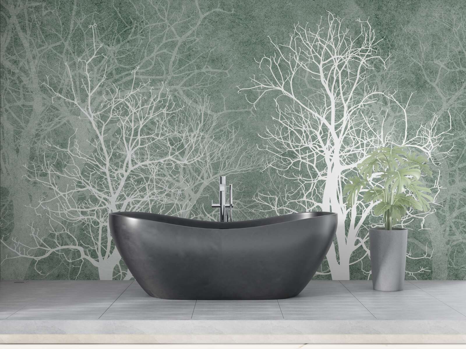 Papier peint arbres dans un décor blanc comme neige sur fond de ciel nocturne