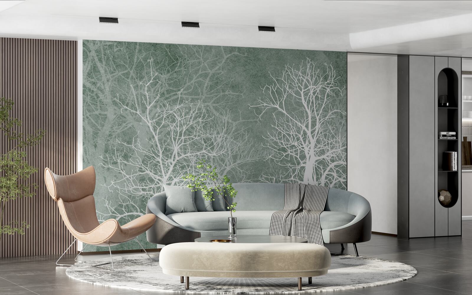 Papier peint arbres dans un décor blanc comme neige sur fond de ciel nocturne