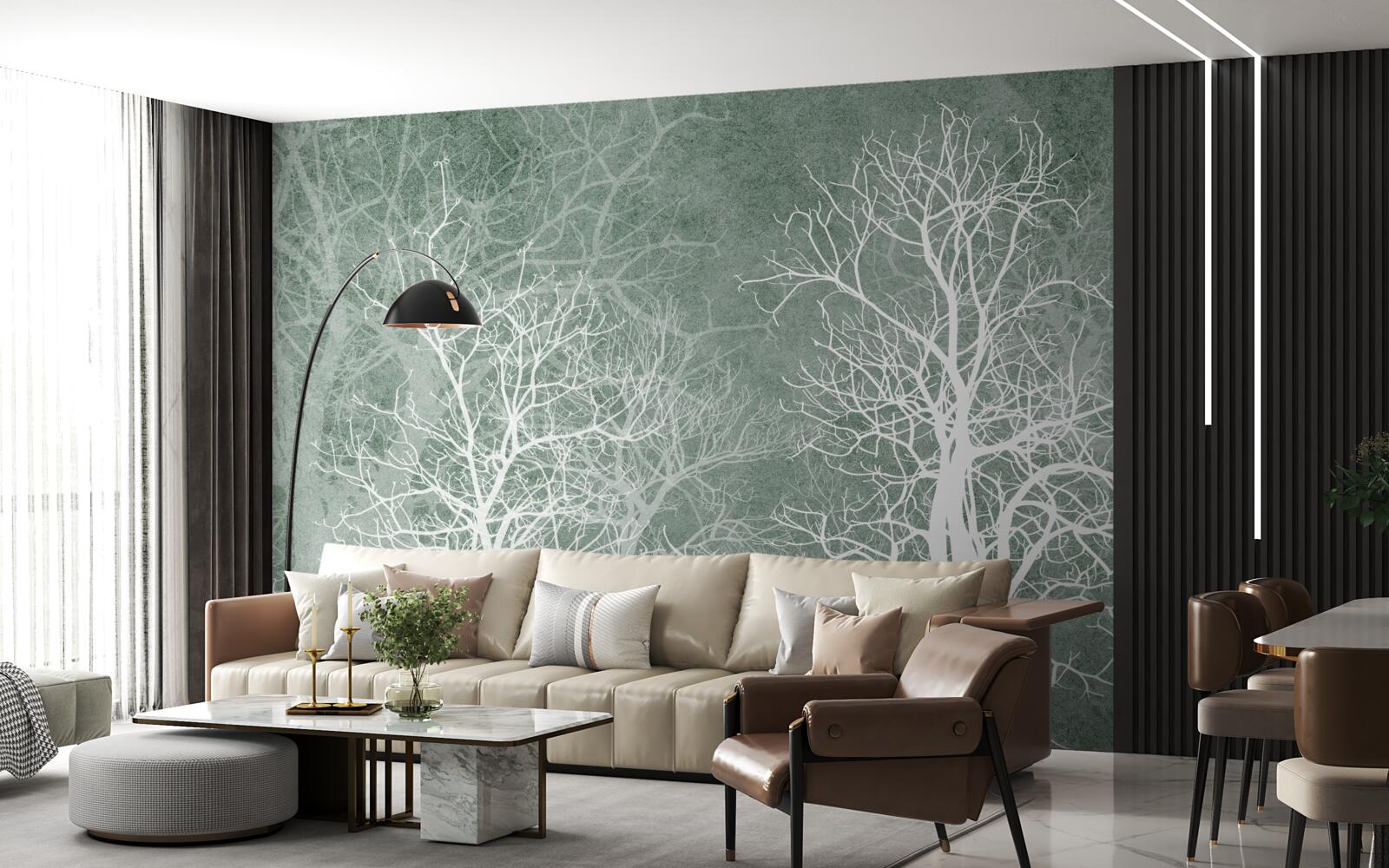 Papier peint arbres dans un décor blanc comme neige sur fond de ciel nocturne