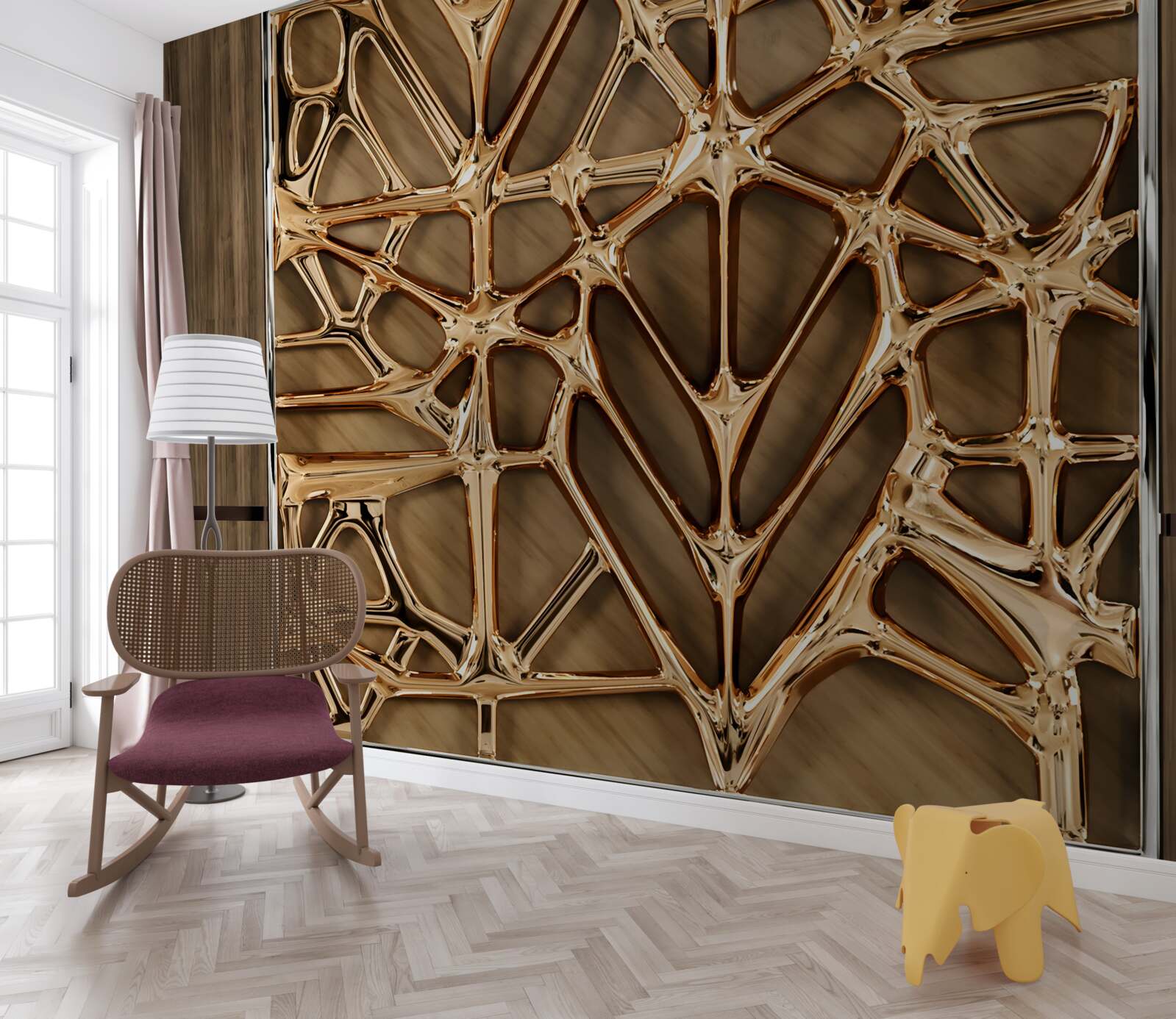 Papier peint lignes abstraites en or sur une surface en bois