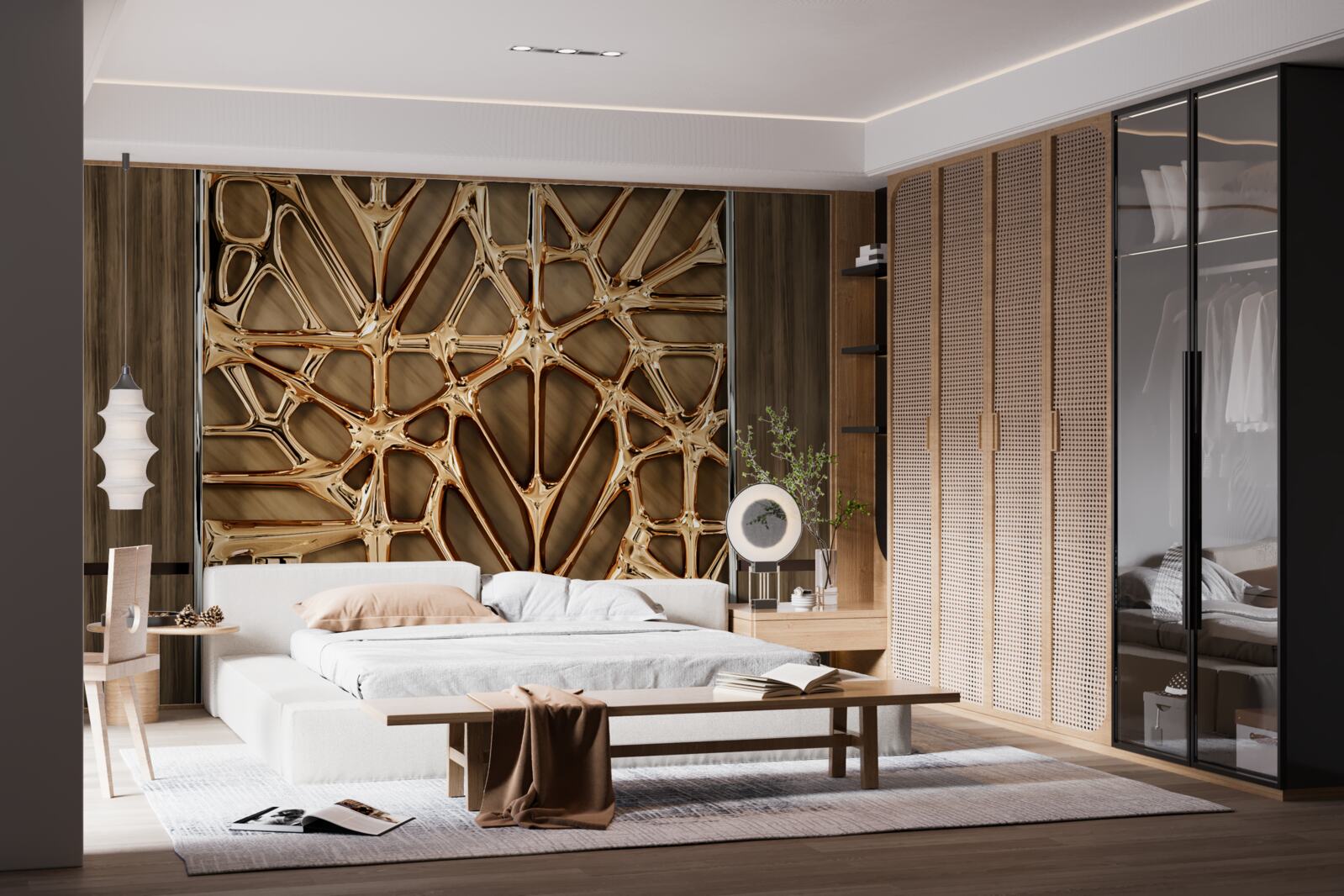 Papier peint lignes abstraites en or sur une surface en bois