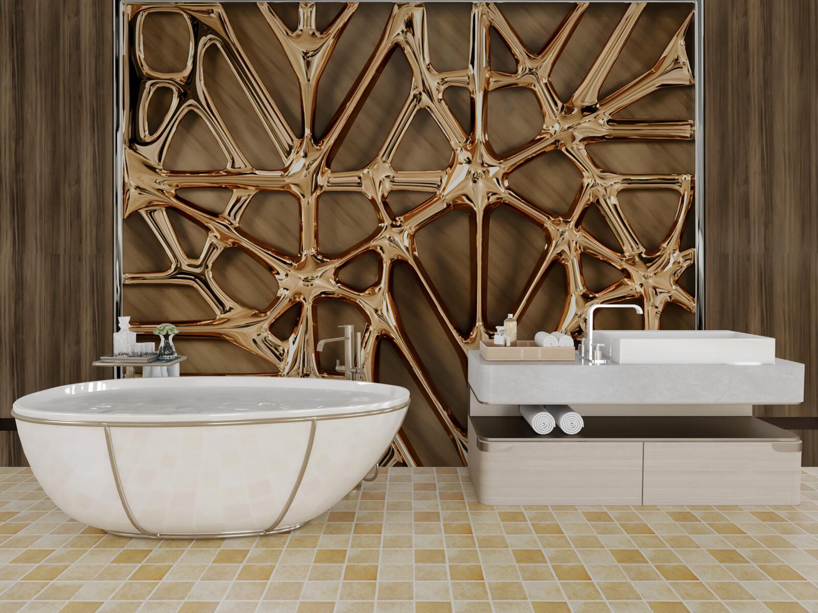 Papier peint lignes abstraites en or sur une surface en bois