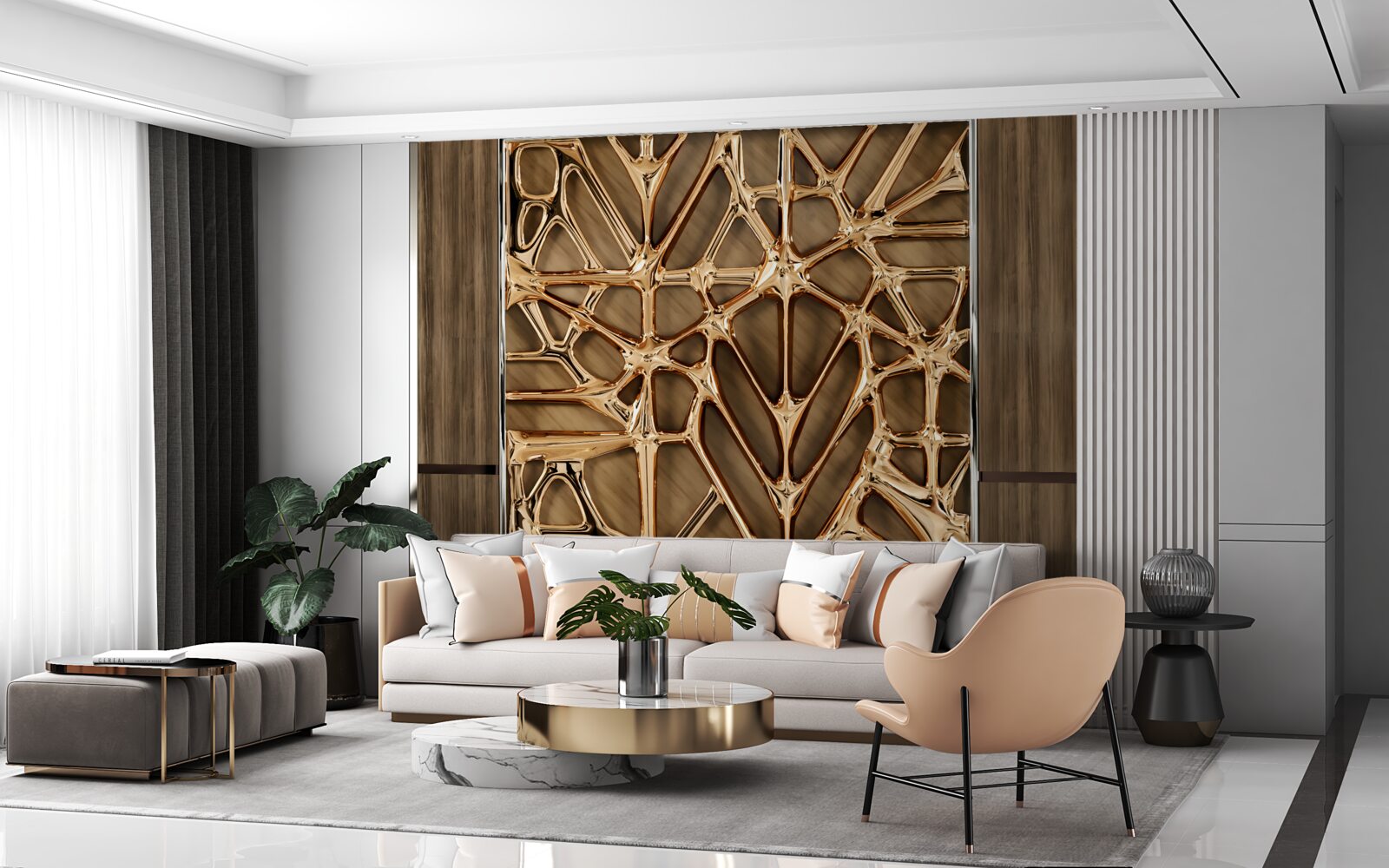 Papier peint lignes abstraites en or sur une surface en bois