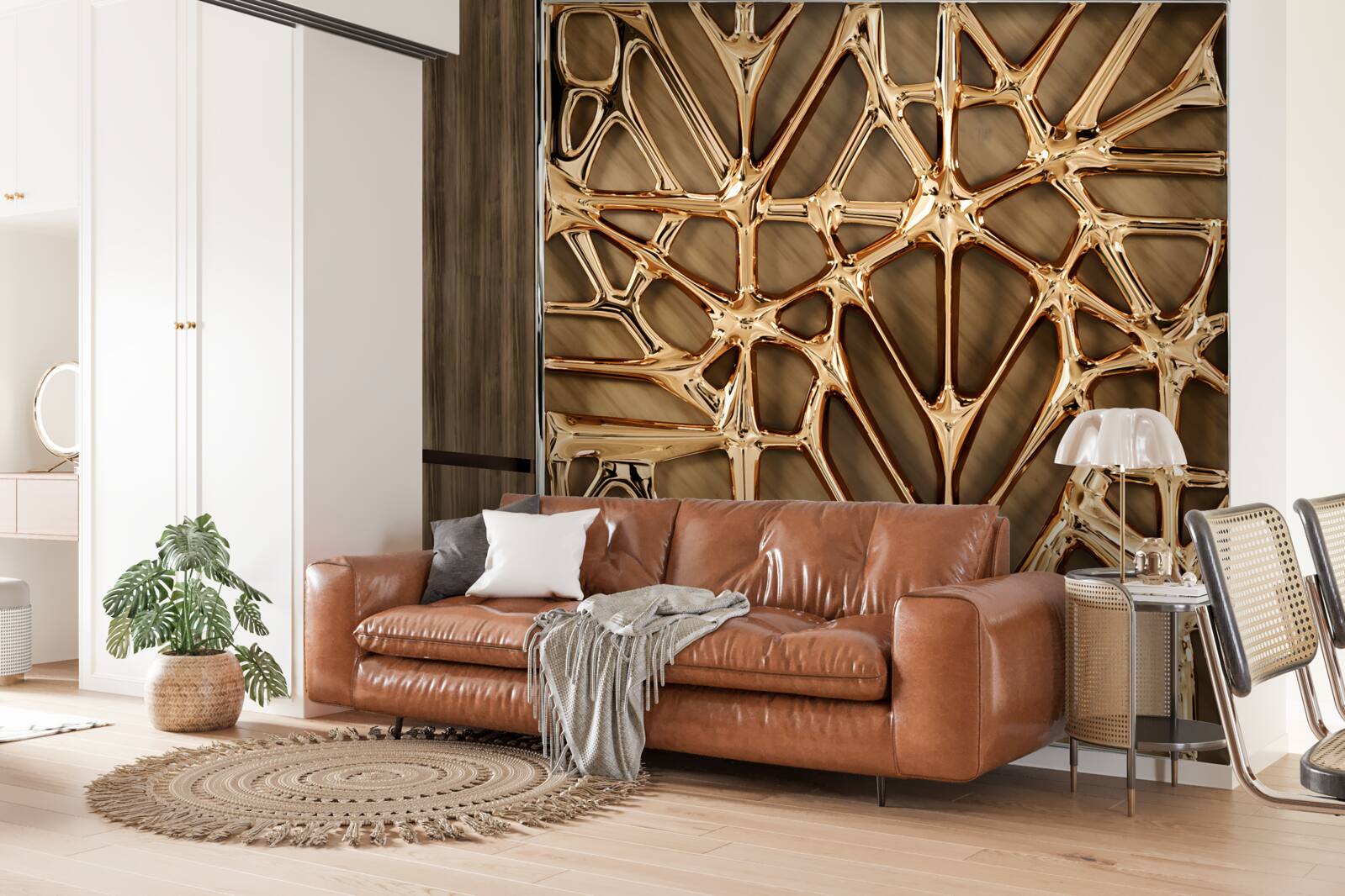 Papier peint lignes abstraites en or sur une surface en bois