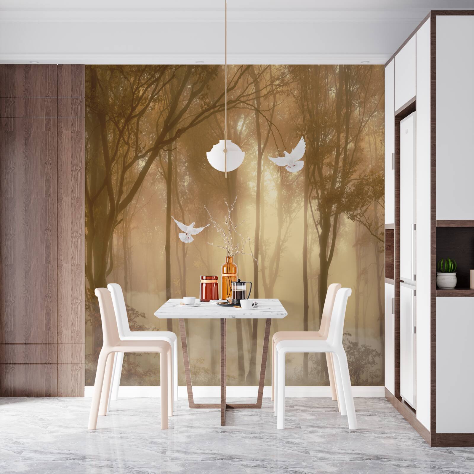 Papier peint des pigeons volants traversent la couverture brumeuse