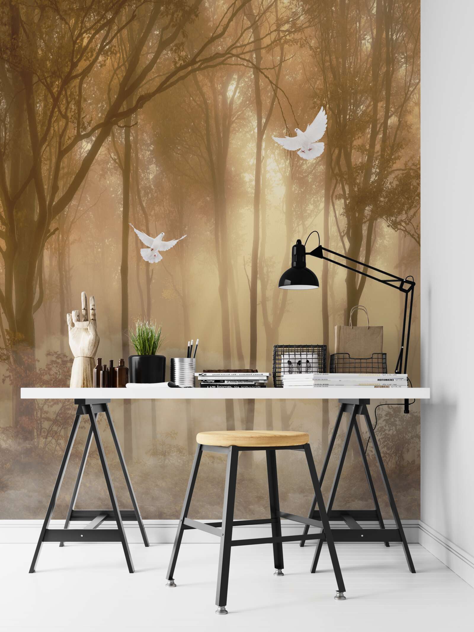 Papier peint des pigeons volants traversent la couverture brumeuse