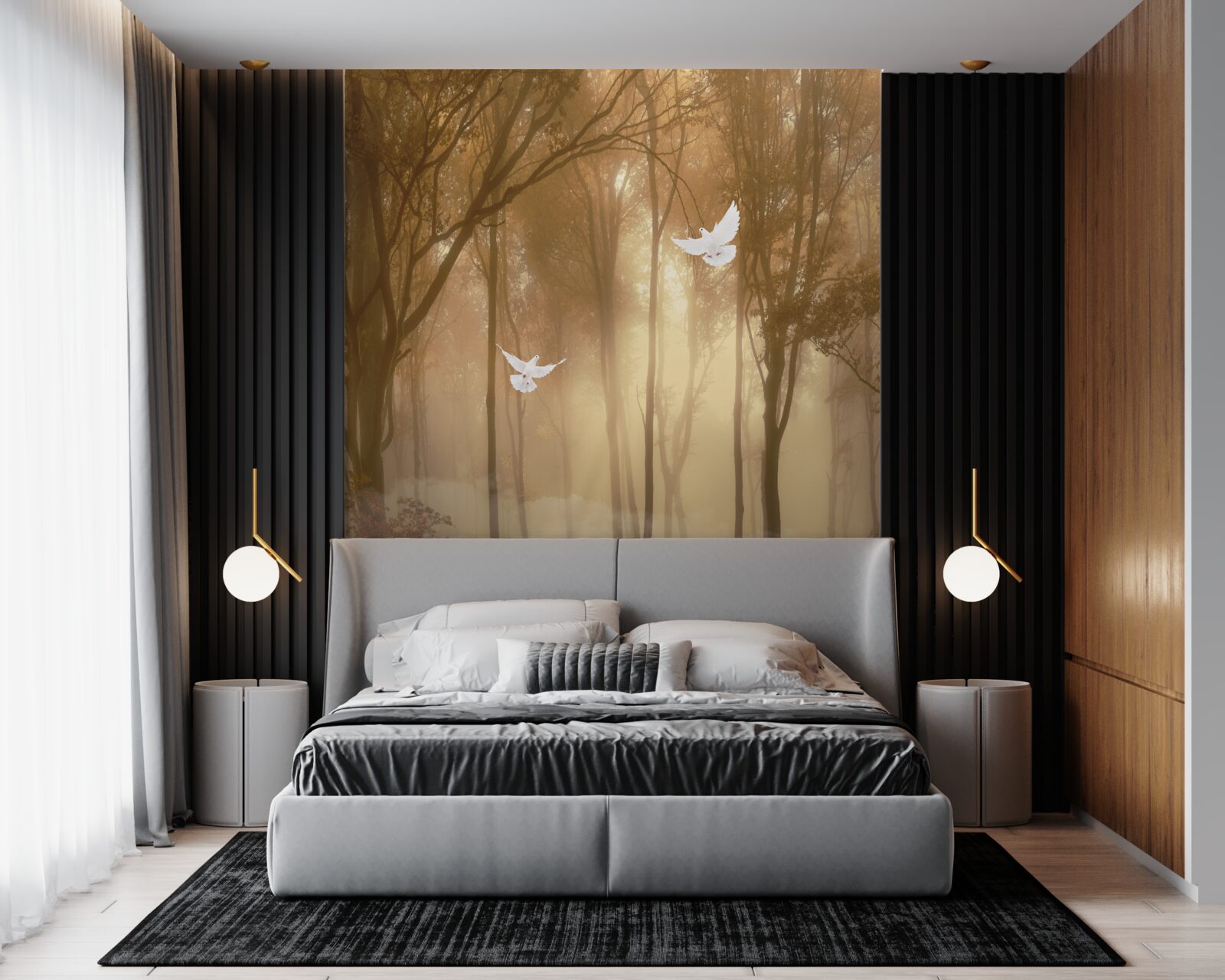 Papier peint des pigeons volants traversent la couverture brumeuse