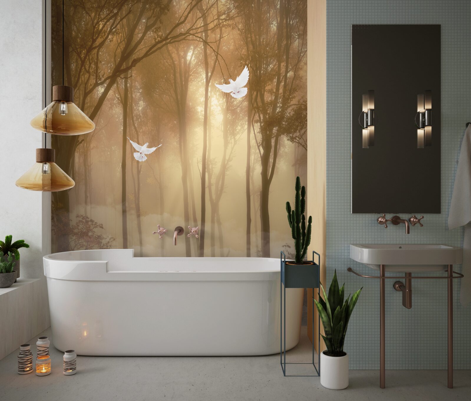 Papier peint des pigeons volants traversent la couverture brumeuse