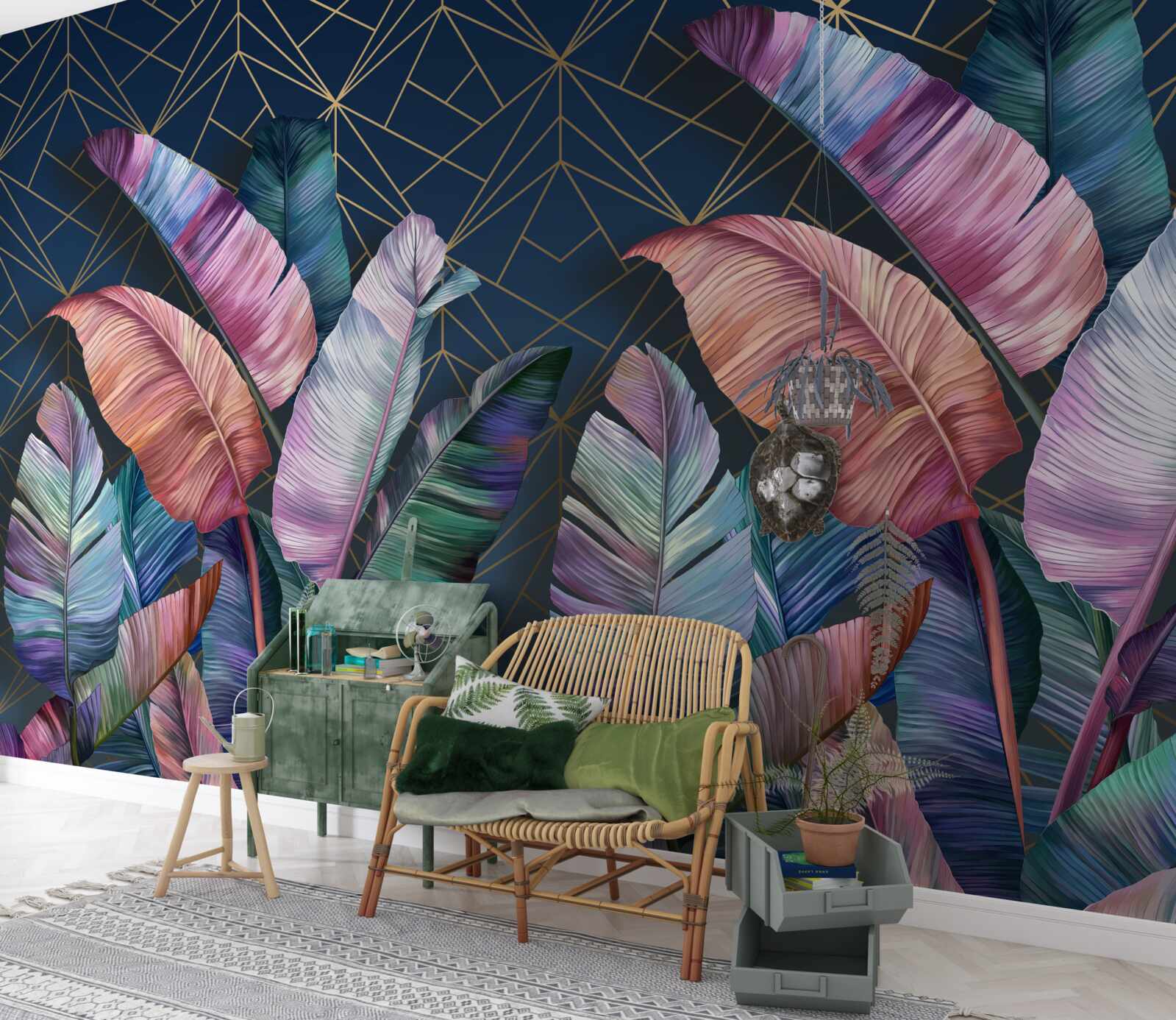 Papier peint la nuit, les feuilles de fougère brillent de mille feux