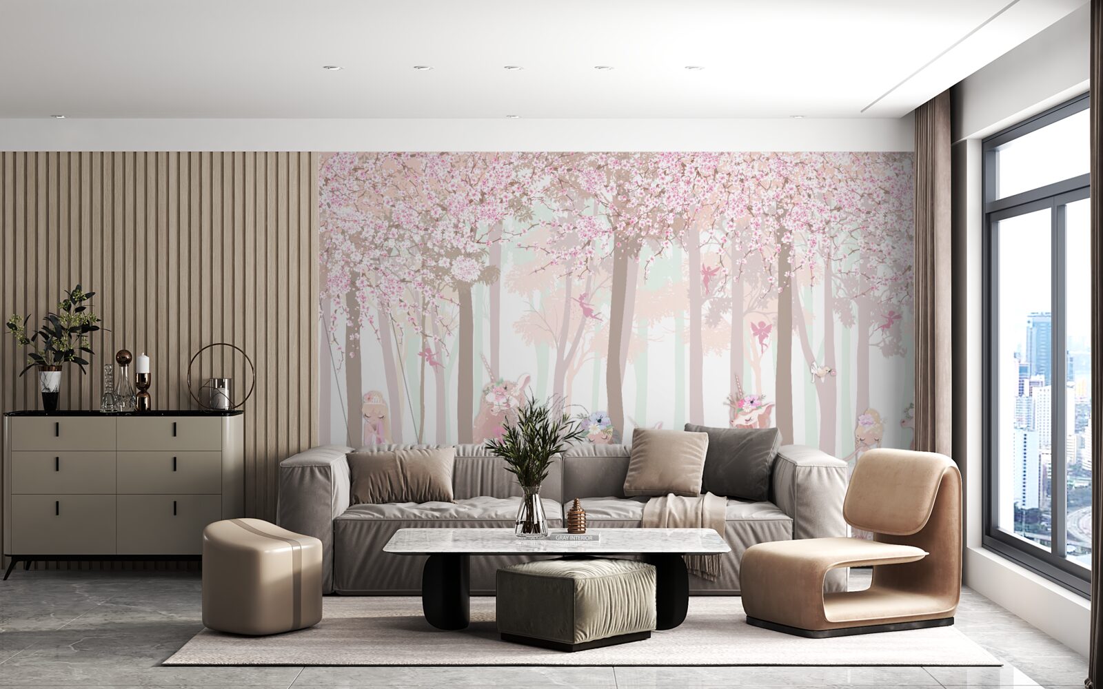 Papier peint dans la forêt printanière, les animaux dansent