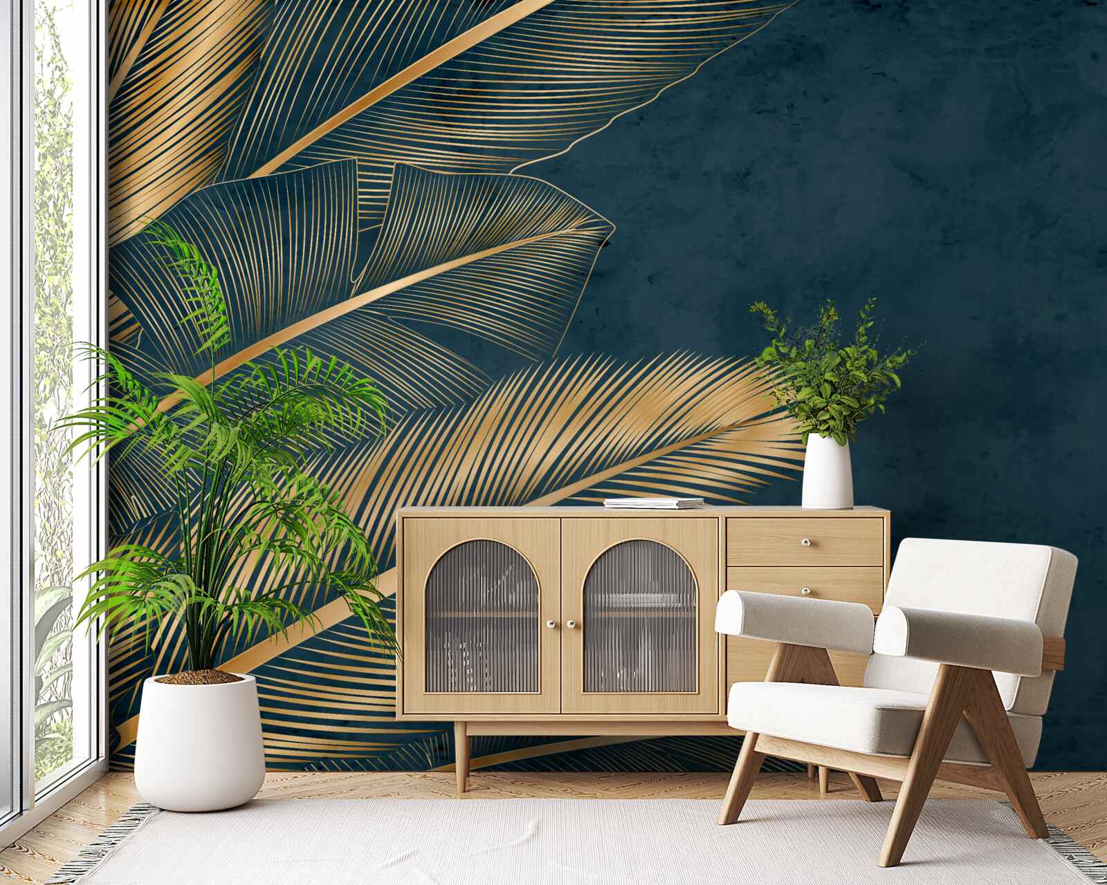 Papier peint la nuit, les feuilles de fougères scintillent d'or