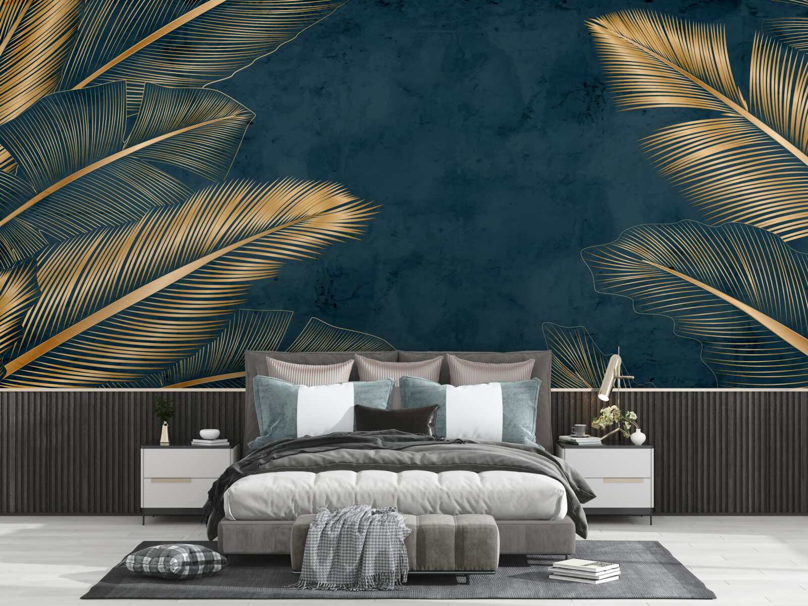 Papier peint la nuit, les feuilles de fougères scintillent d'or