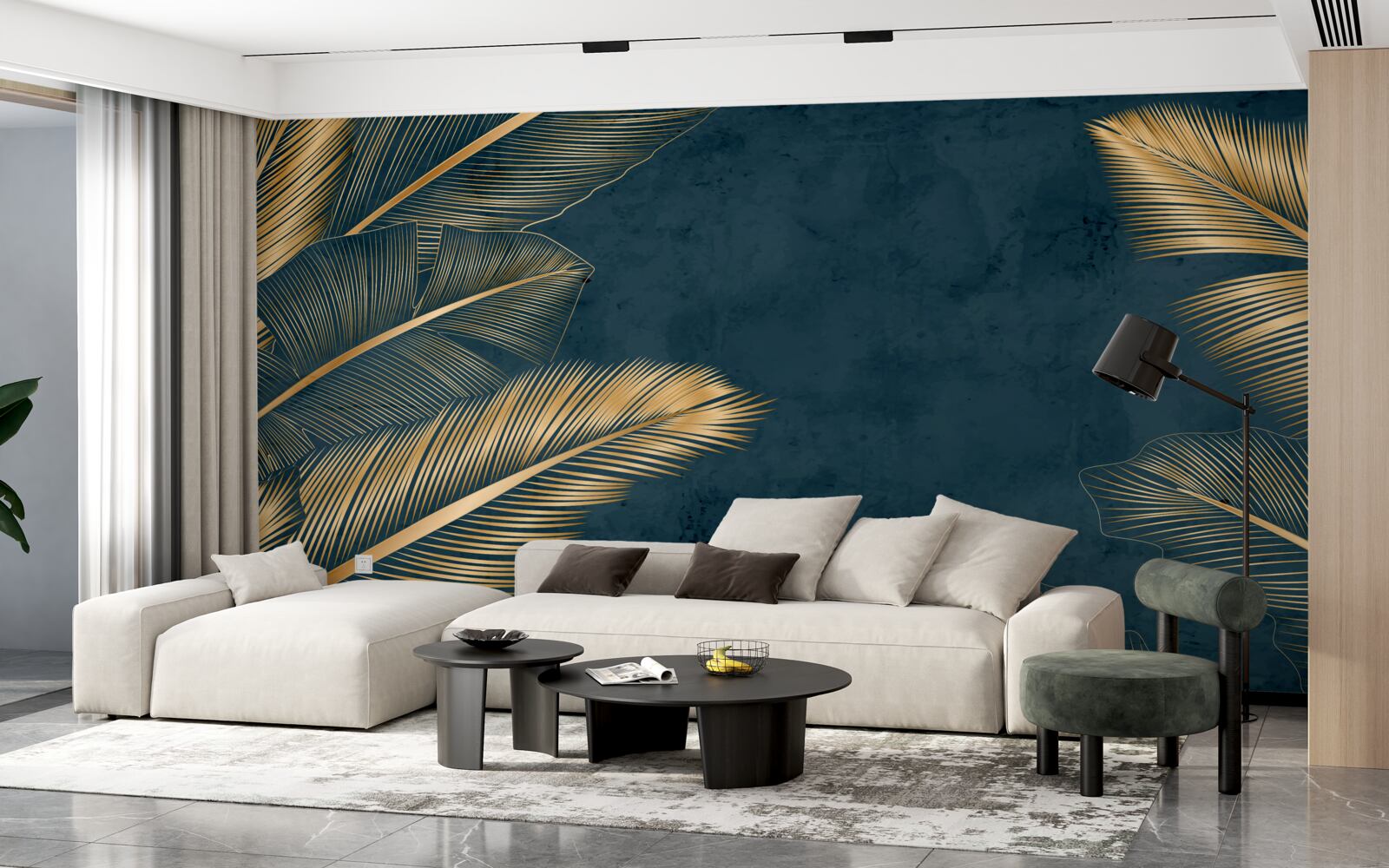 Papier peint la nuit, les feuilles de fougères scintillent d'or