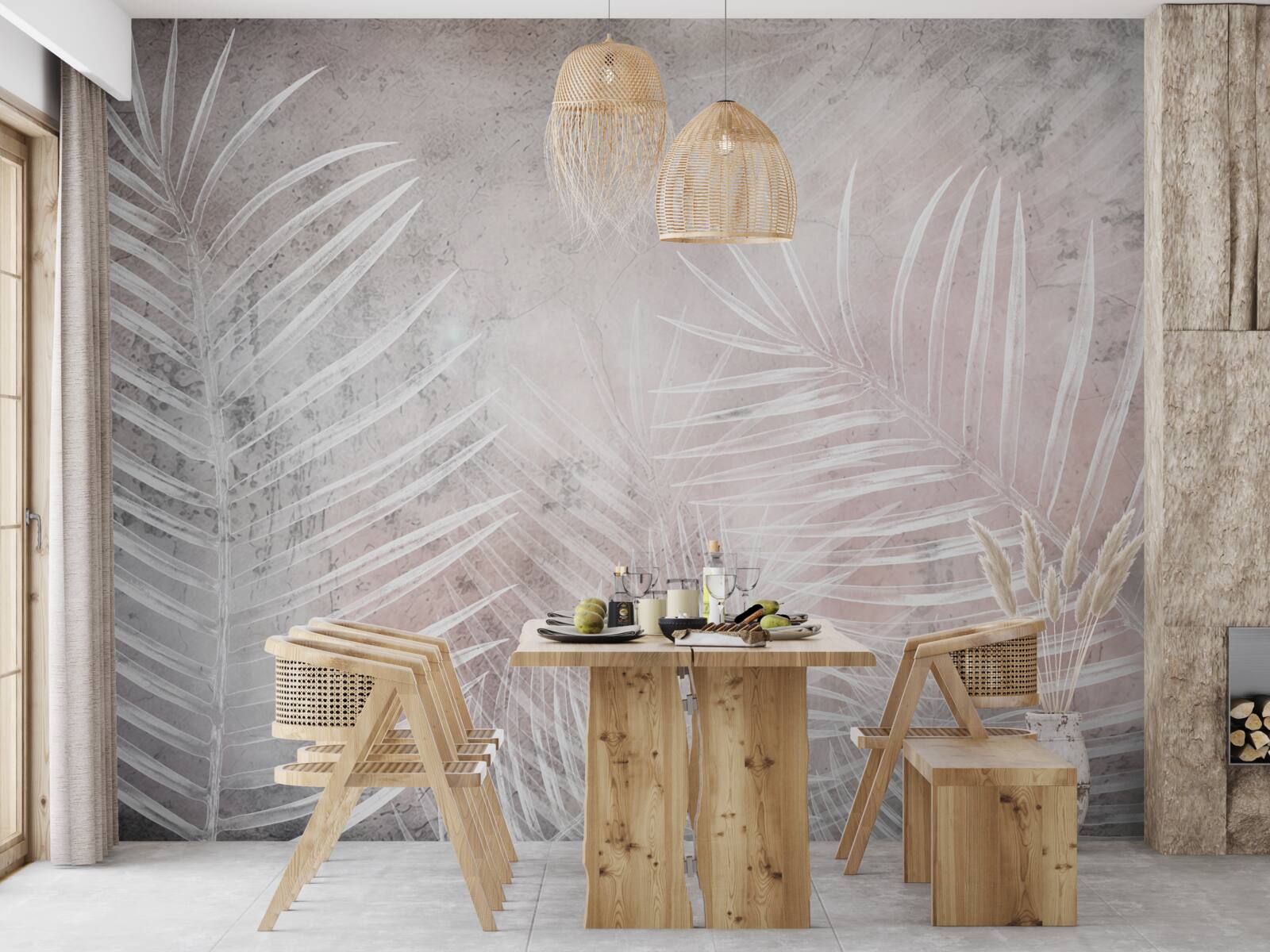 Papier peint larges feuilles blanches sur un fond doux